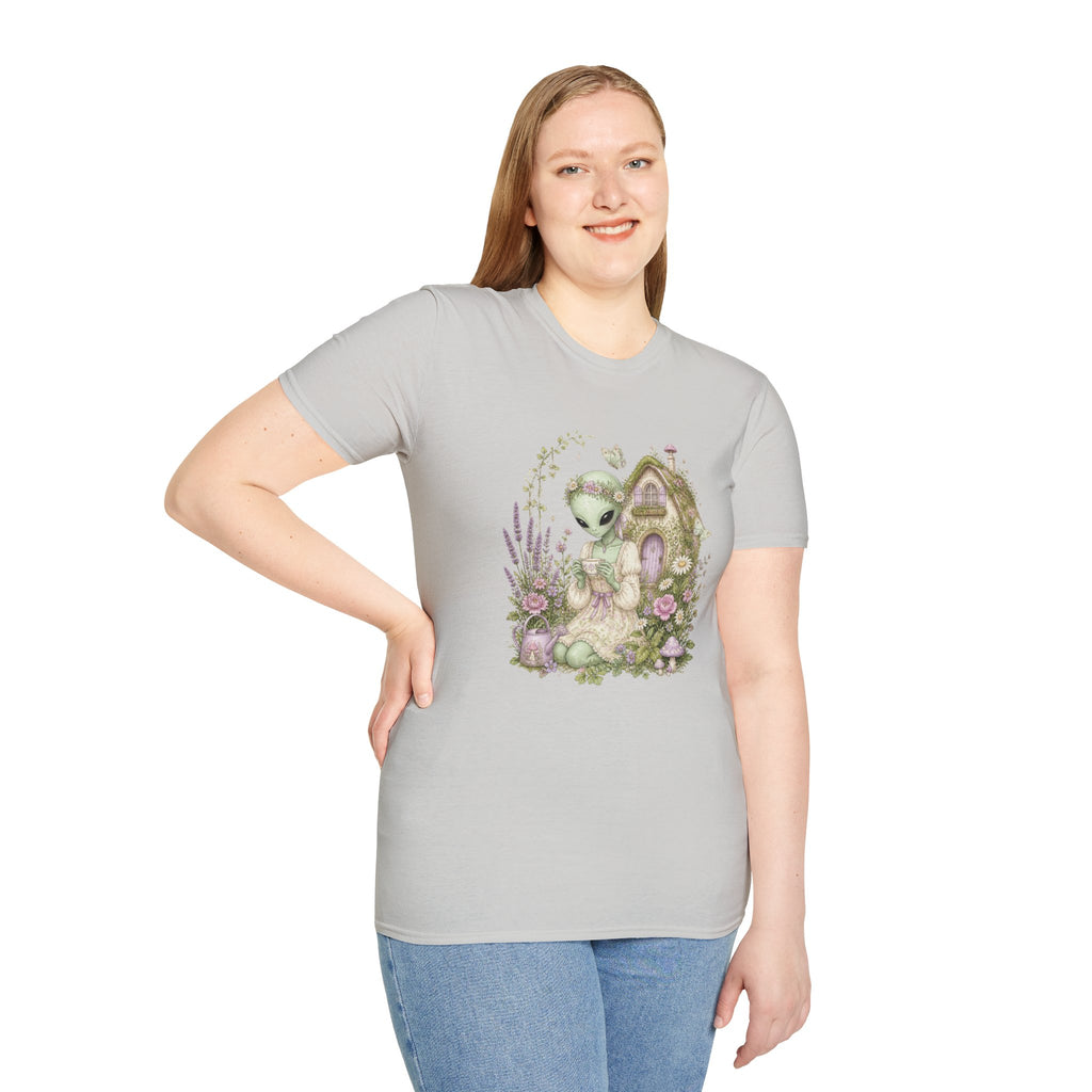 Alien Cottage Tee — Whimsical Floral Alien Garden T-Shirt