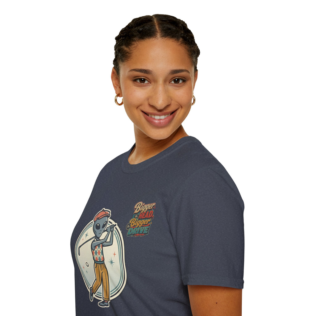 Alien Golfer T‑Shirt : The Bigger the Head, The Bigger the Drive"— Vintage Space Golf Graphic Tee