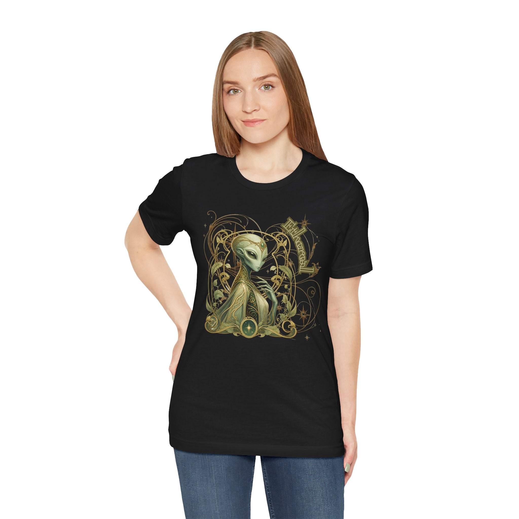 Alien Art Noveau Embrace T-Shirt — Mystical Green Alien Graphic Tee for Sci‑Fi Fans