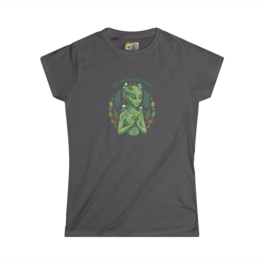 Alien Goddess Tee "They Remember What We Forget"— Women's Sci‑Fi Art Shirt