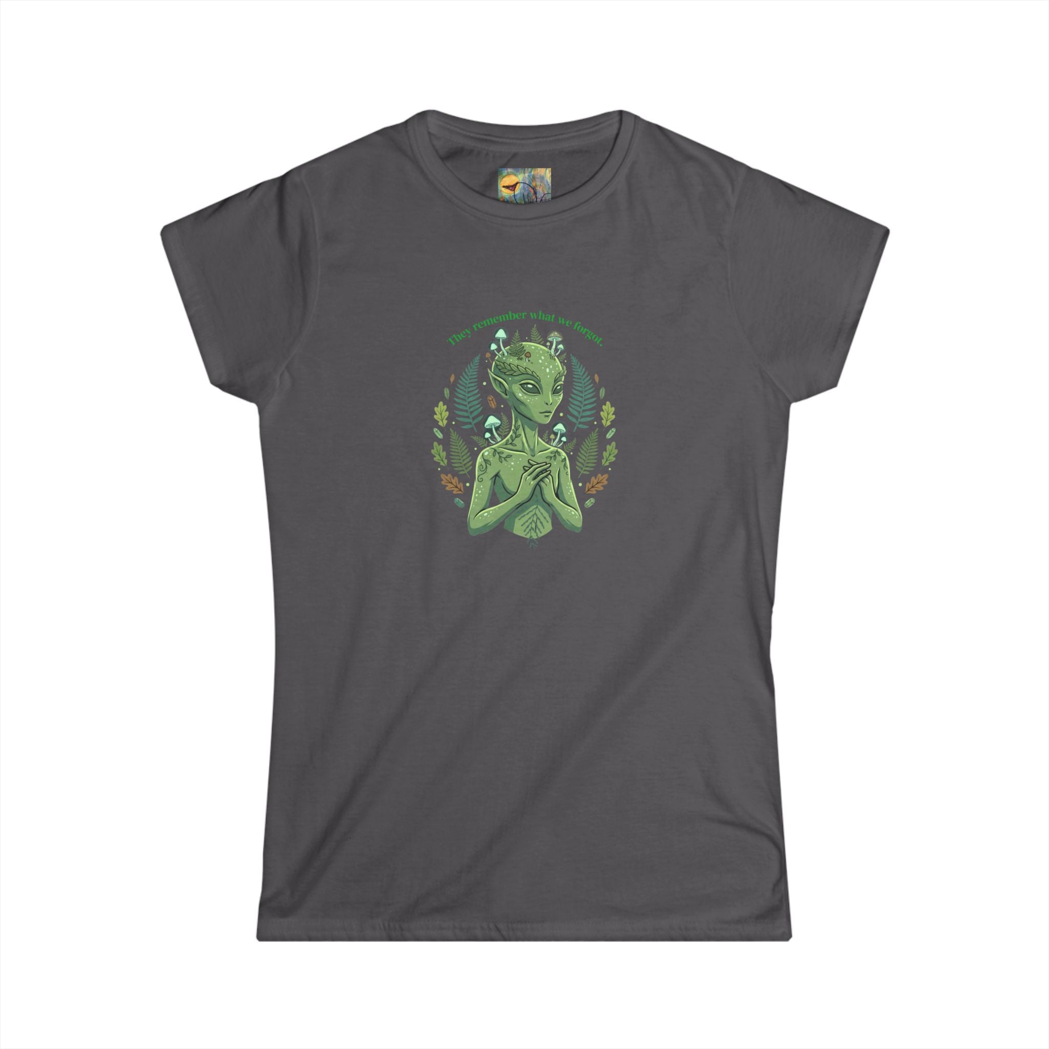Alien Goddess Tee "They Remember What We Forget"— Women's Sci‑Fi Art Shirt
