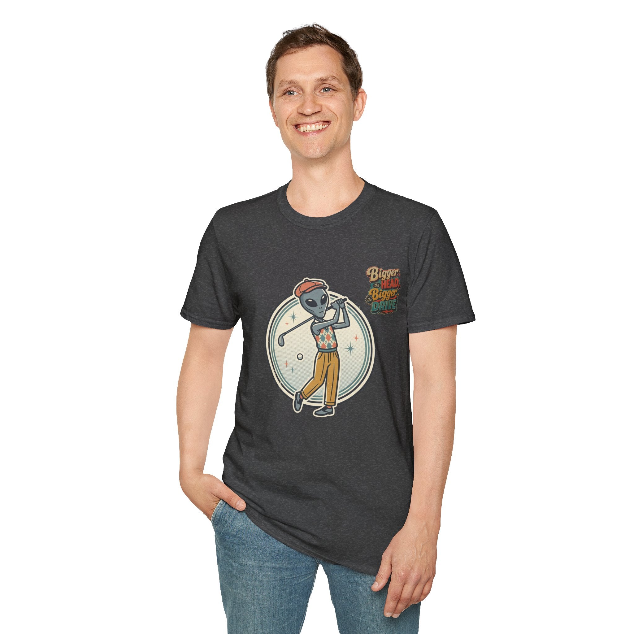 Alien Golfer T‑Shirt : The Bigger the Head, The Bigger the Drive"— Vintage Space Golf Graphic Tee