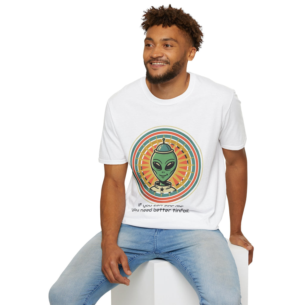 Alien Graphic T-Shirt — Retro Green Alien with Rainbow Halo ("If you can see me you need better tinfoil")