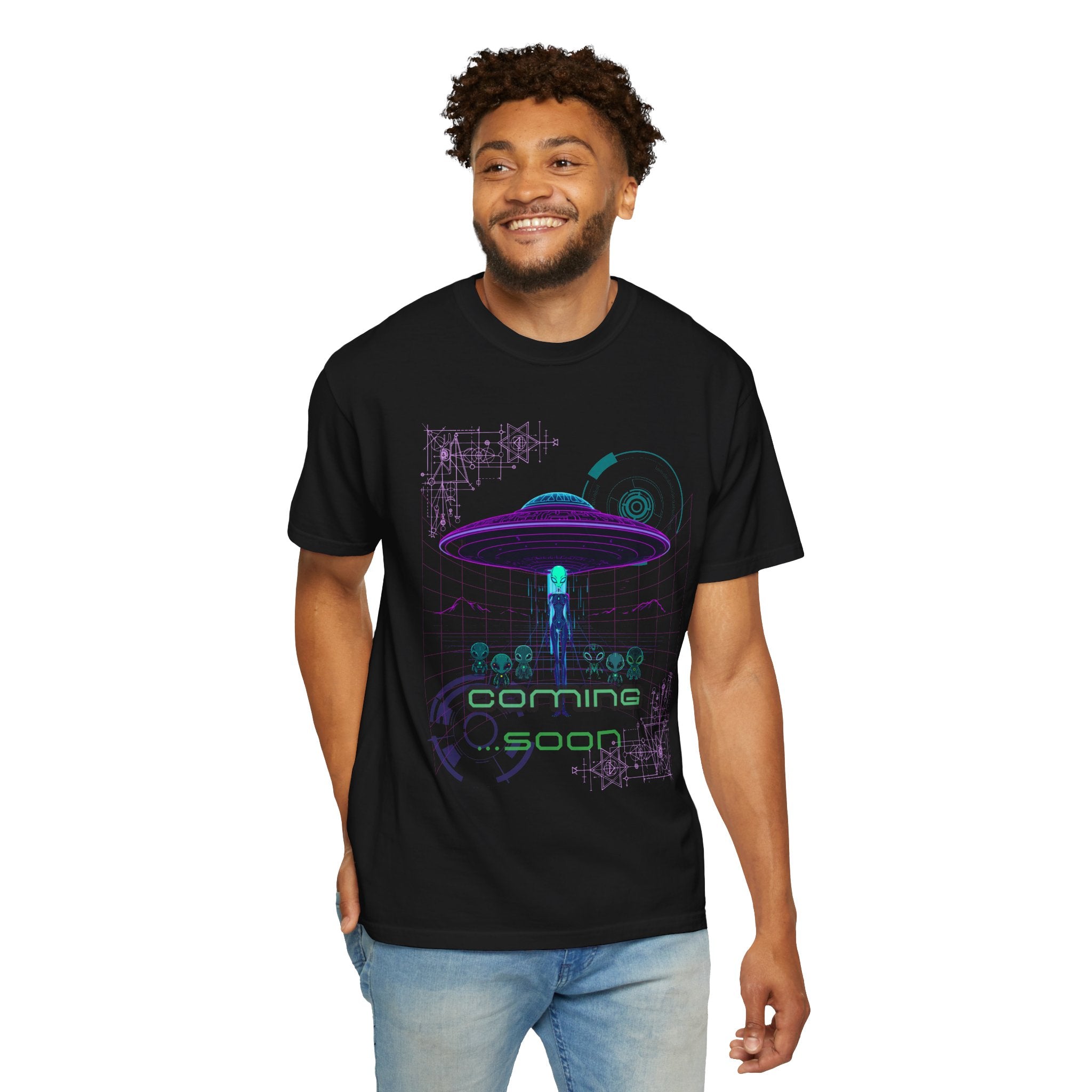 Coming Soon Alien UFO T-Shirt — Retro Neon Alien Abduction Tee