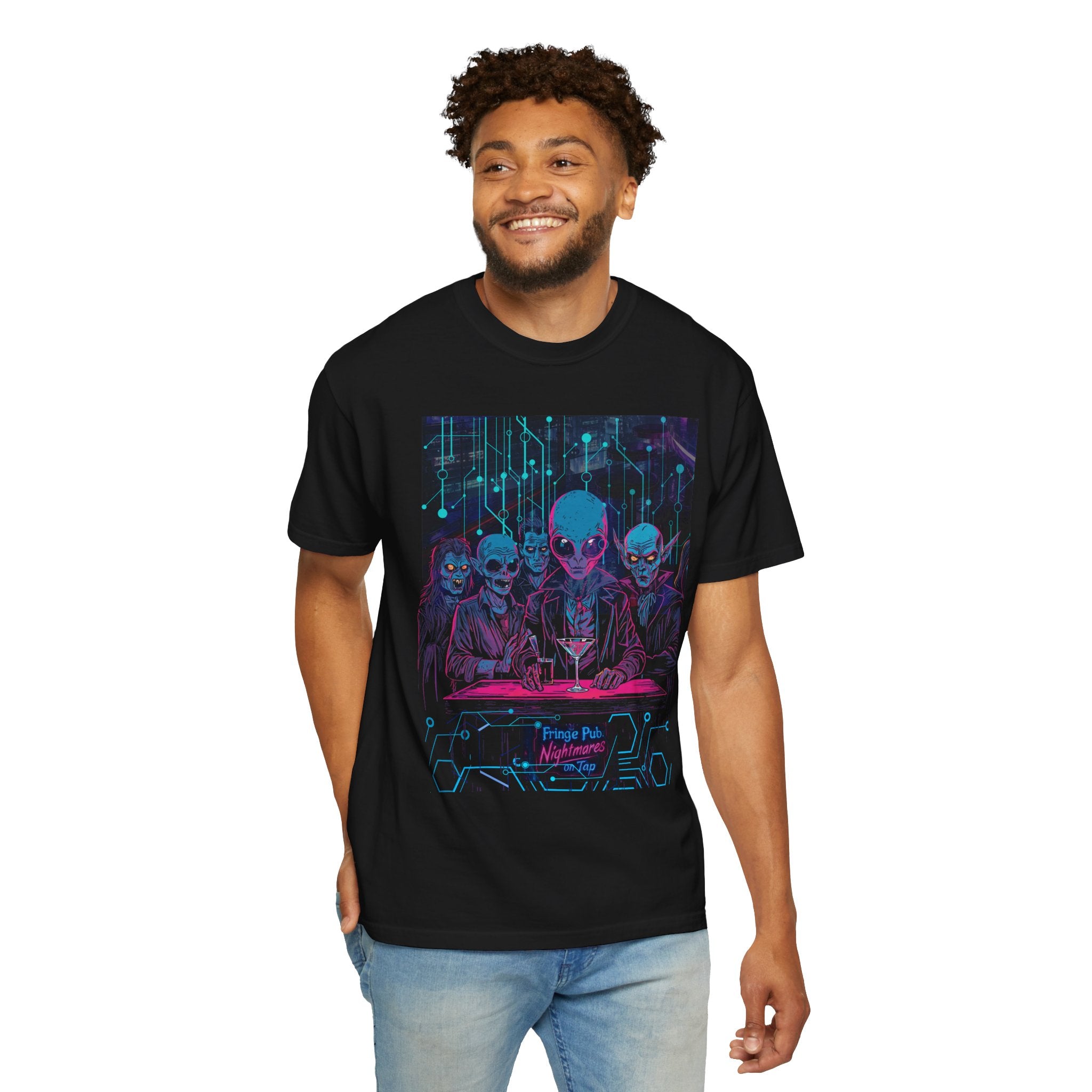 Fringe Bar: Nightmares on Tap T-Shirt — Retro Cyberpunk Horror Aliens Graphic Tee