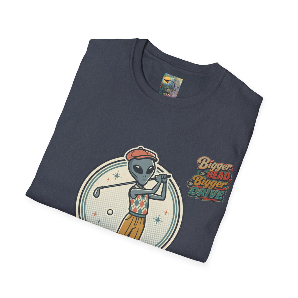 Alien Golfer T‑Shirt : The Bigger the Head, The Bigger the Drive"— Vintage Space Golf Graphic Tee