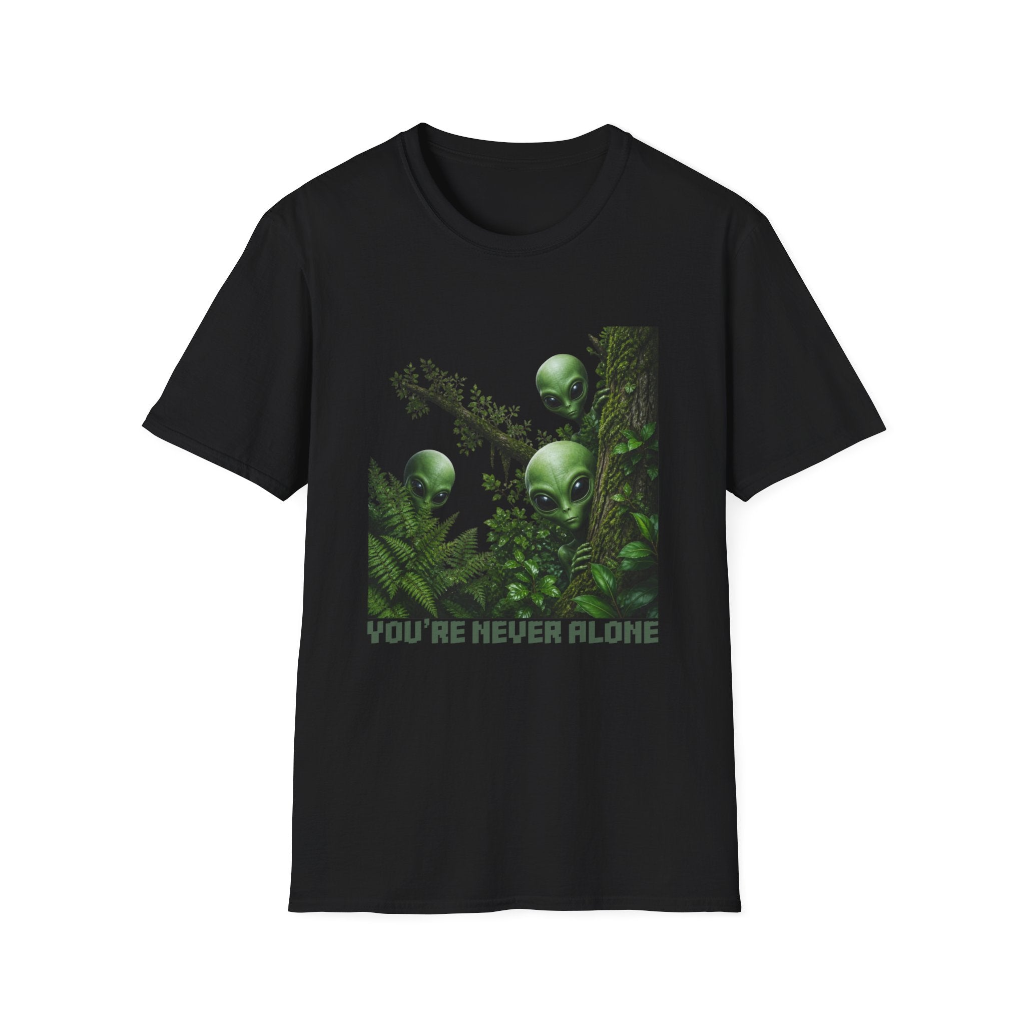 Alien Friends T‑Shirt — "You're Never Alone" Green Extraterrestrial Graphic Tee