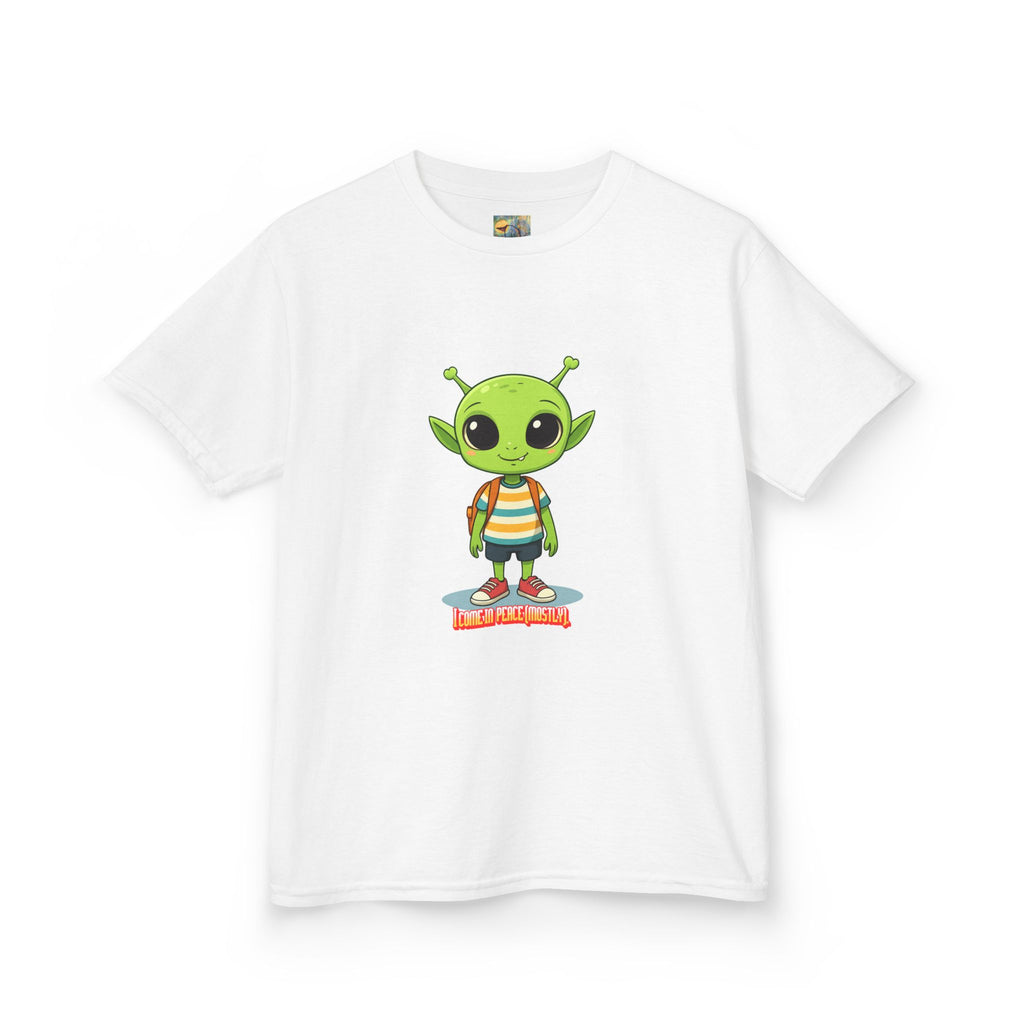 Kids Alien Graphic Tee - Cute Green Alien with Backpack