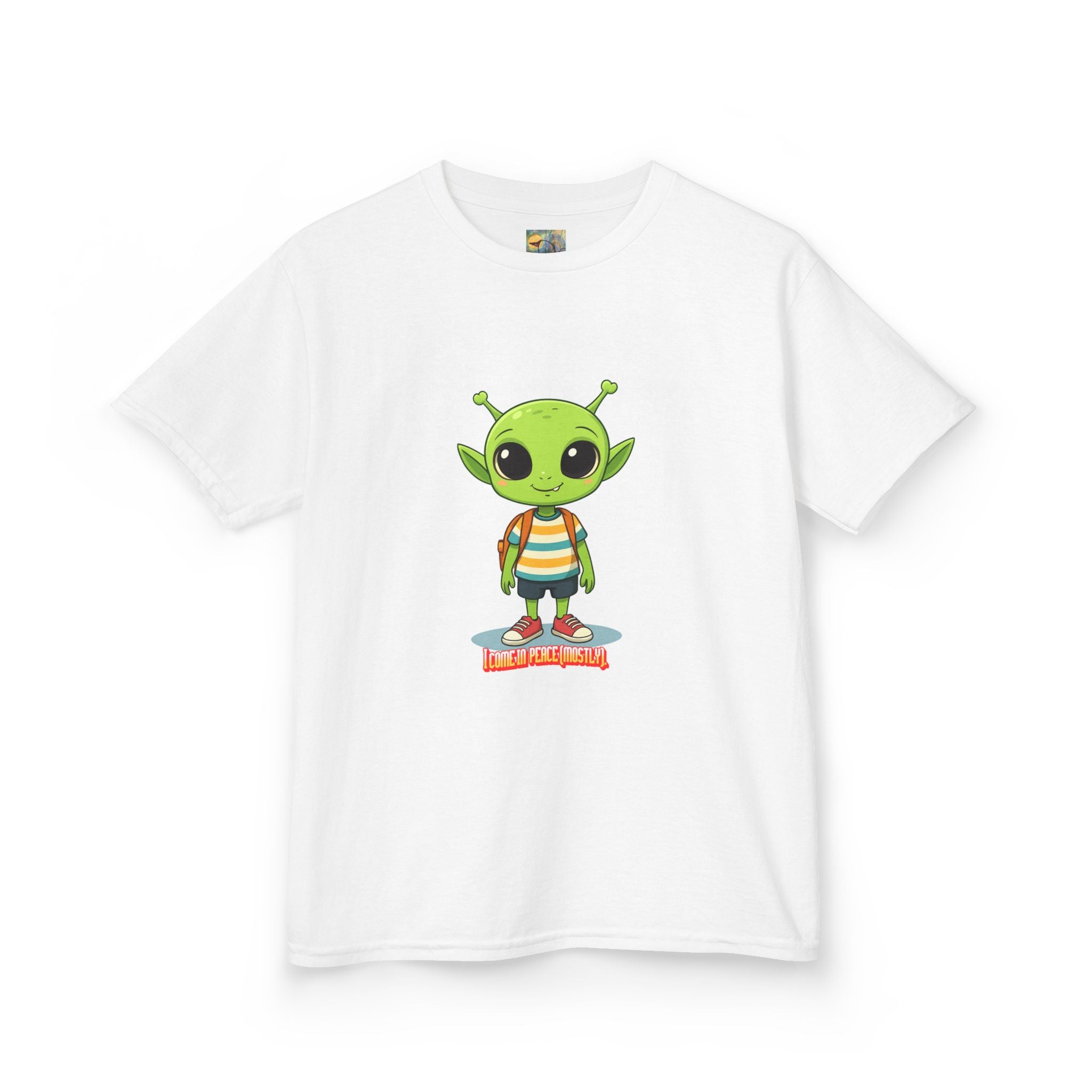 Kids Alien Graphic Tee - Cute Green Alien with Backpack