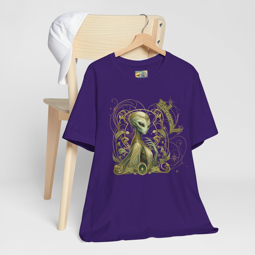 Alien Art Noveau Embrace T-Shirt — Mystical Green Alien Graphic Tee for Sci‑Fi Fans