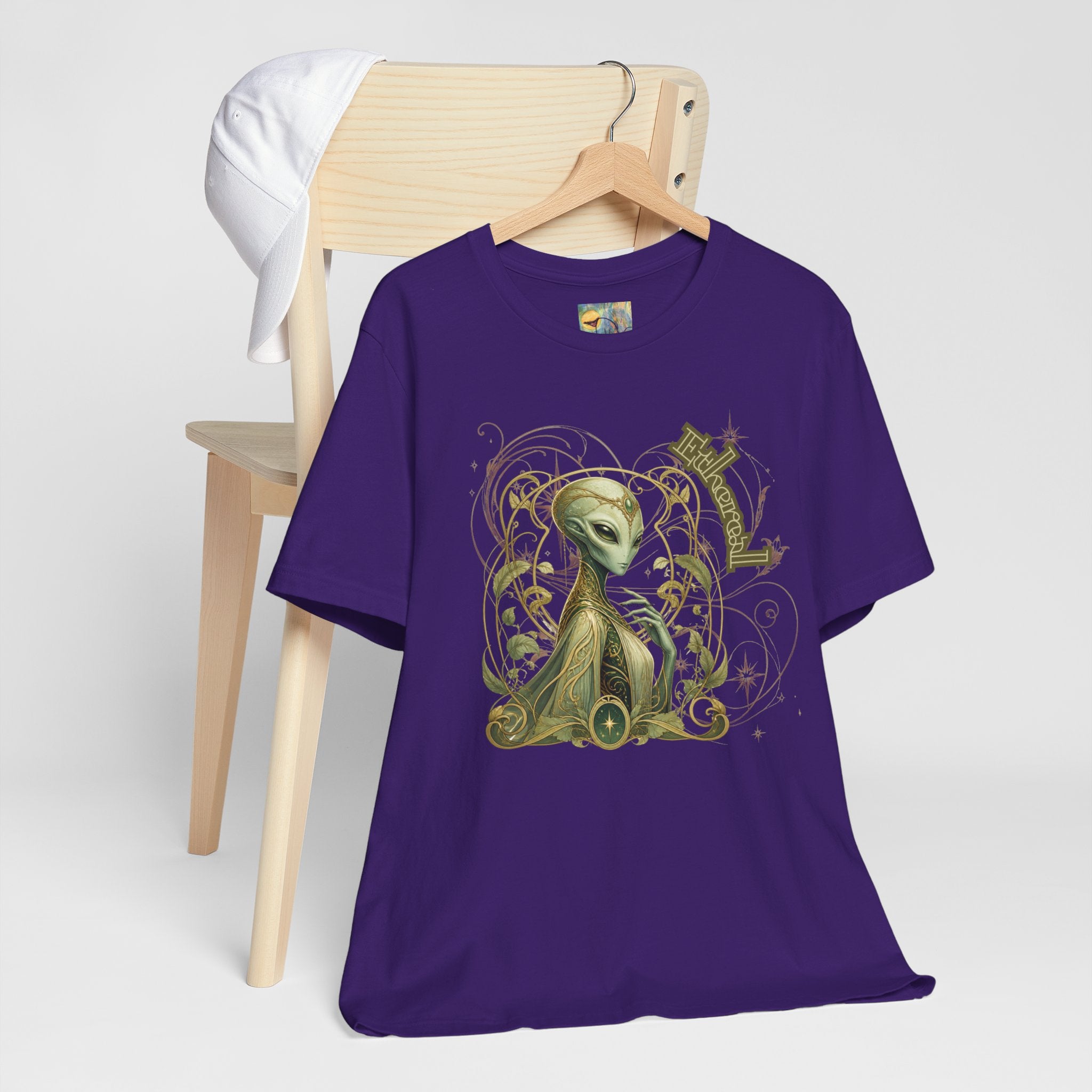 Alien Art Noveau Embrace T-Shirt — Mystical Green Alien Graphic Tee for Sci‑Fi Fans