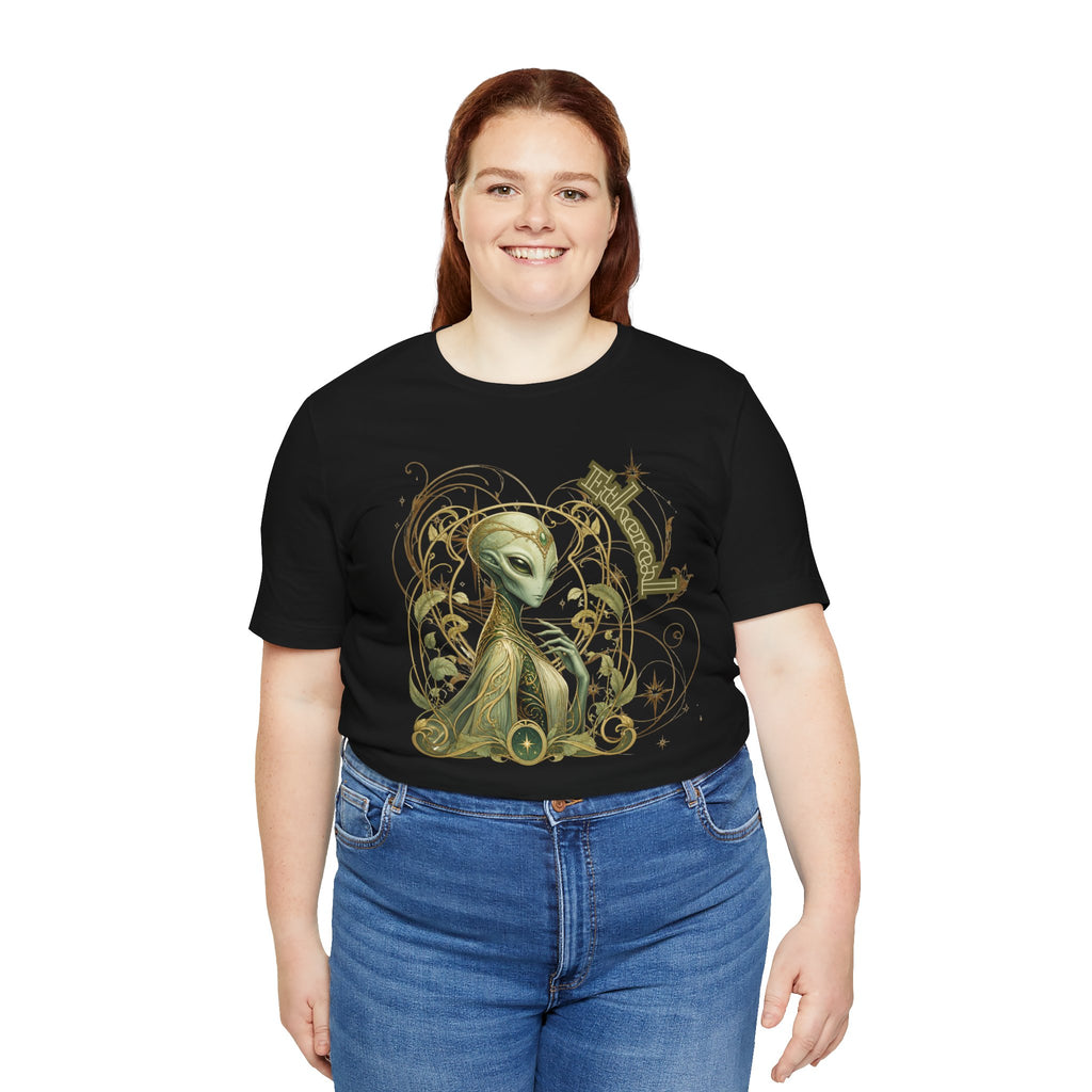 Alien Art Noveau Embrace T-Shirt — Mystical Green Alien Graphic Tee for Sci‑Fi Fans