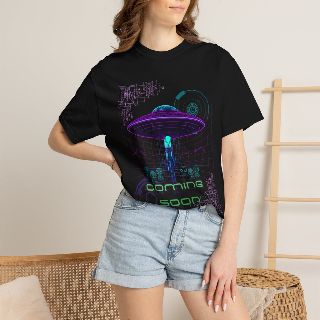 Coming Soon Alien UFO T-Shirt — Retro Neon Alien Abduction Tee
