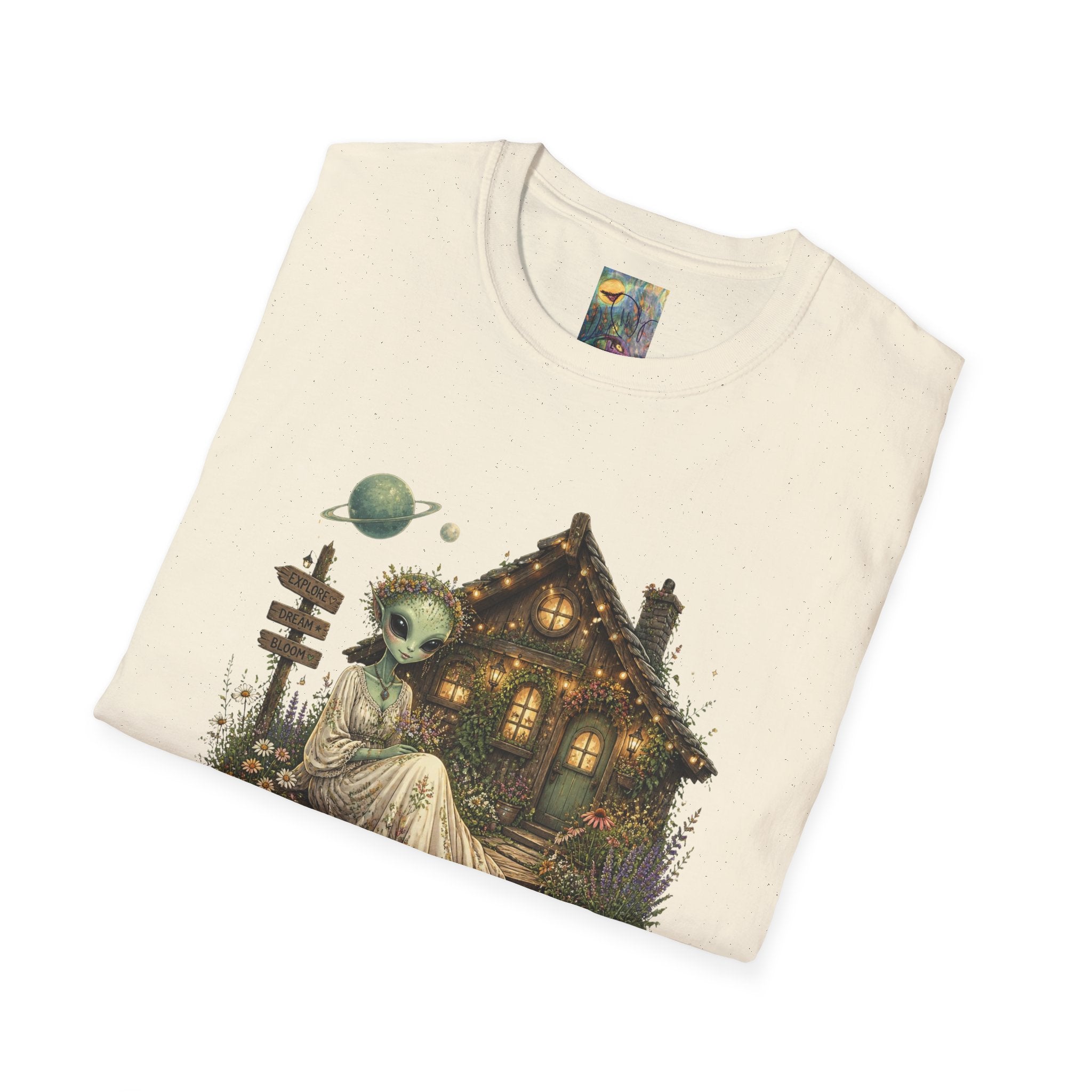 Alien Cottage T-Shirt — Whimsical Extraterrestrial Home Graphic