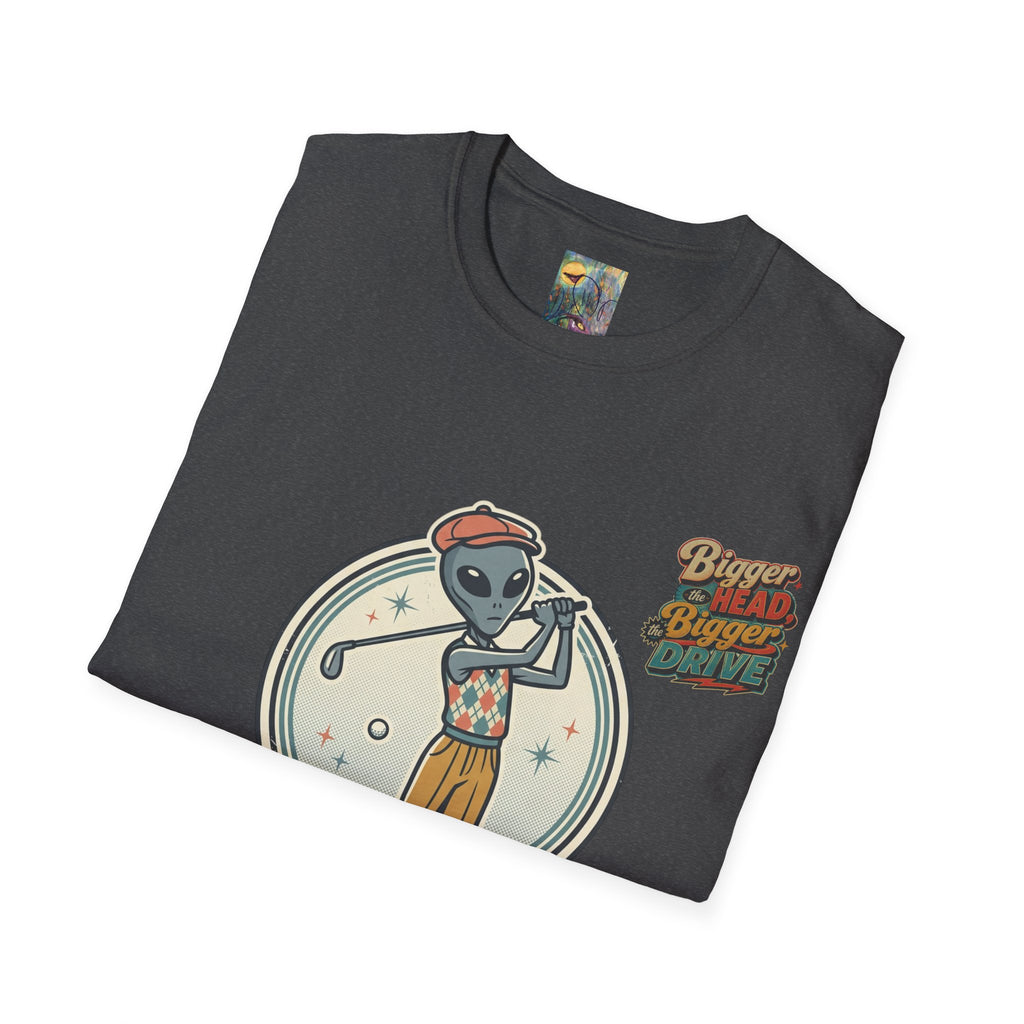 Alien Golfer T‑Shirt : The Bigger the Head, The Bigger the Drive"— Vintage Space Golf Graphic Tee
