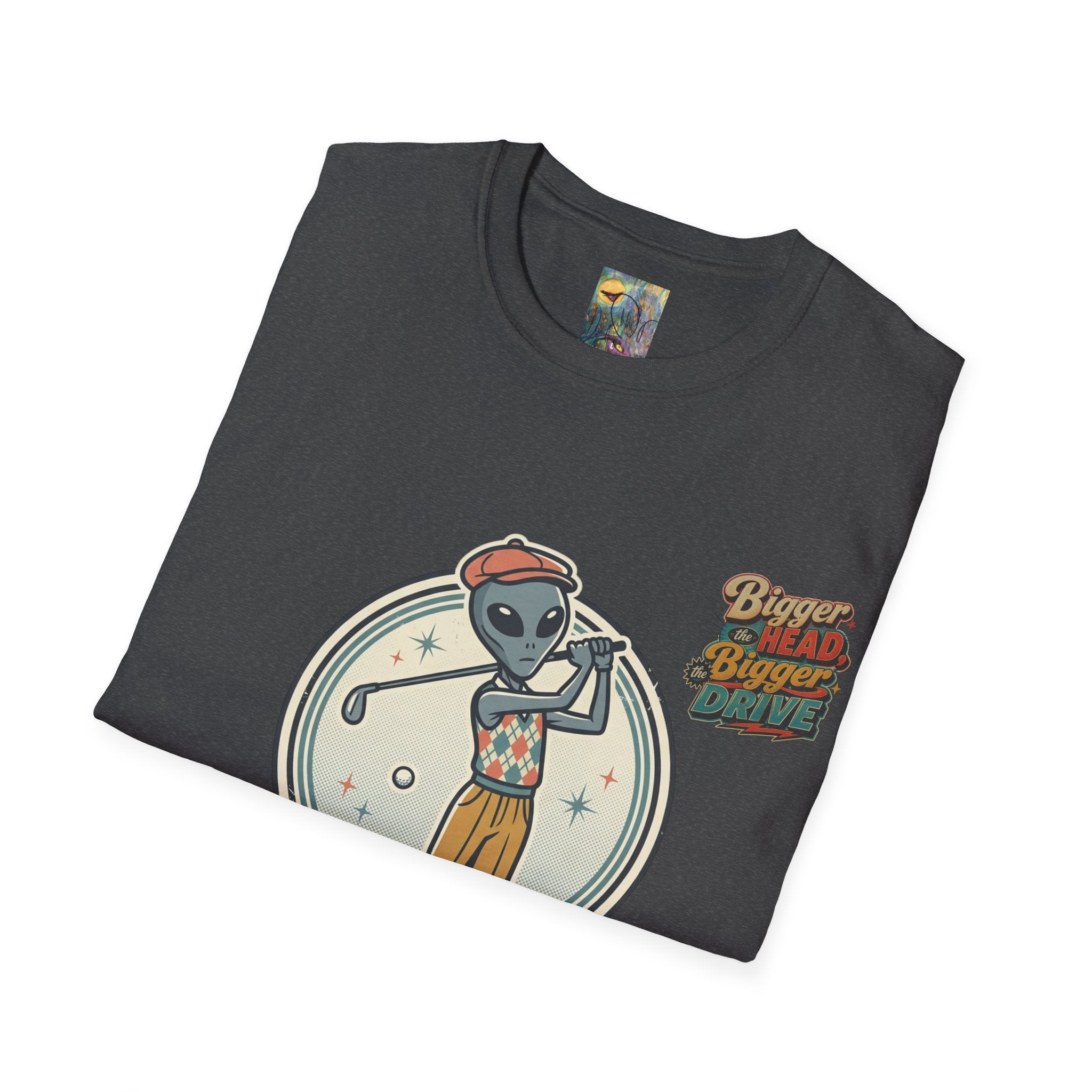 Alien Golfer T‑Shirt : The Bigger the Head, The Bigger the Drive"— Vintage Space Golf Graphic Tee
