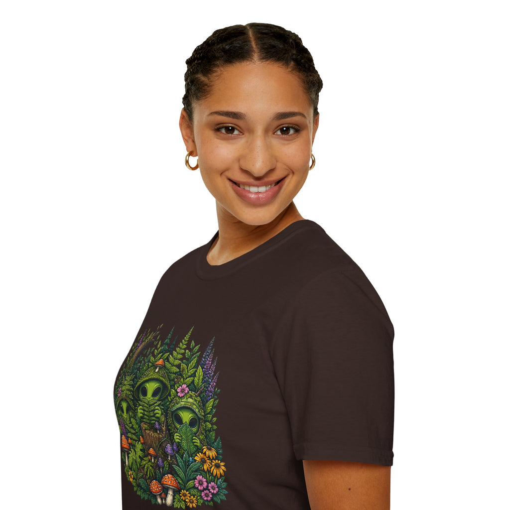 Alien Forest T-Shirt — Cute Green UFO Creatures with Mushrooms & Flowers