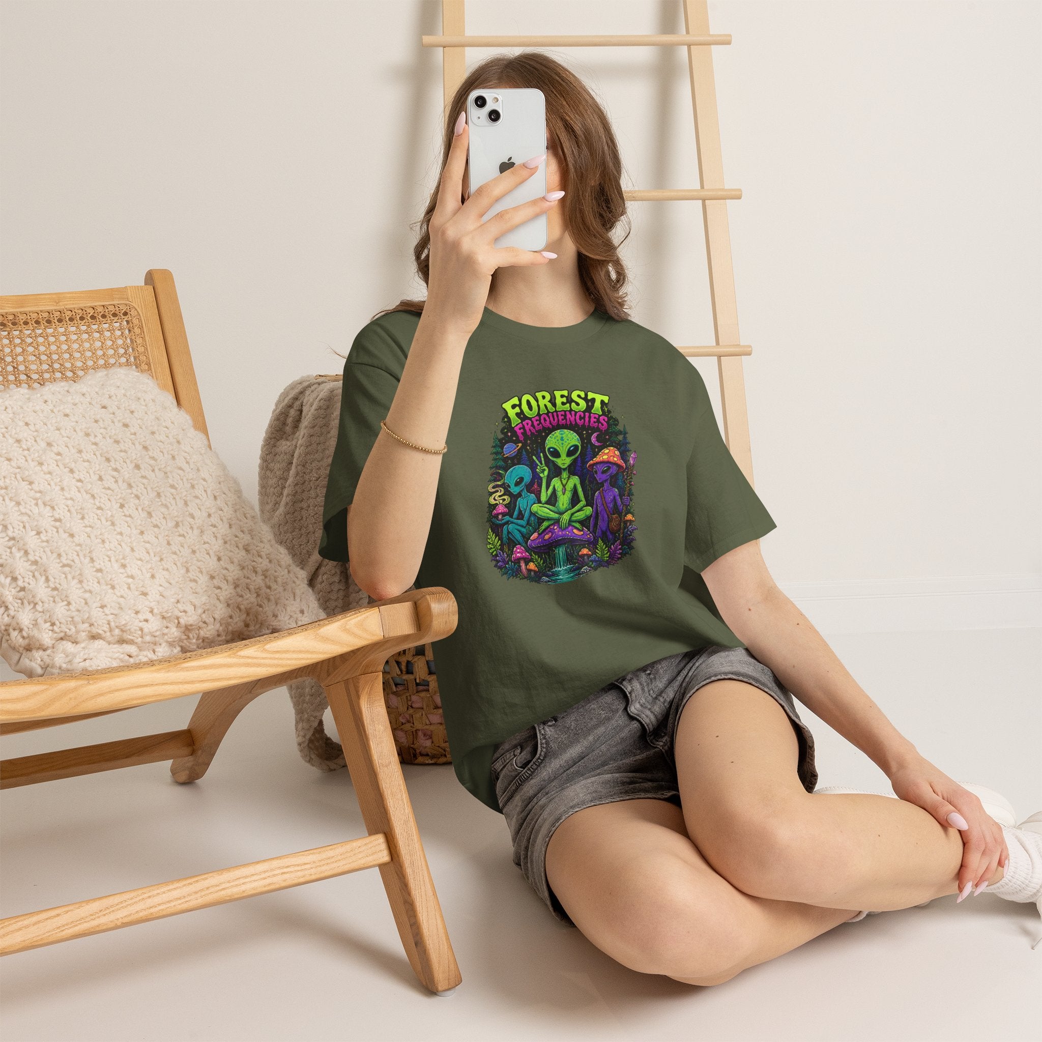 Forest Frequencies Alien T-Shirt — Psychedelic Mushroom Meditation Tee
