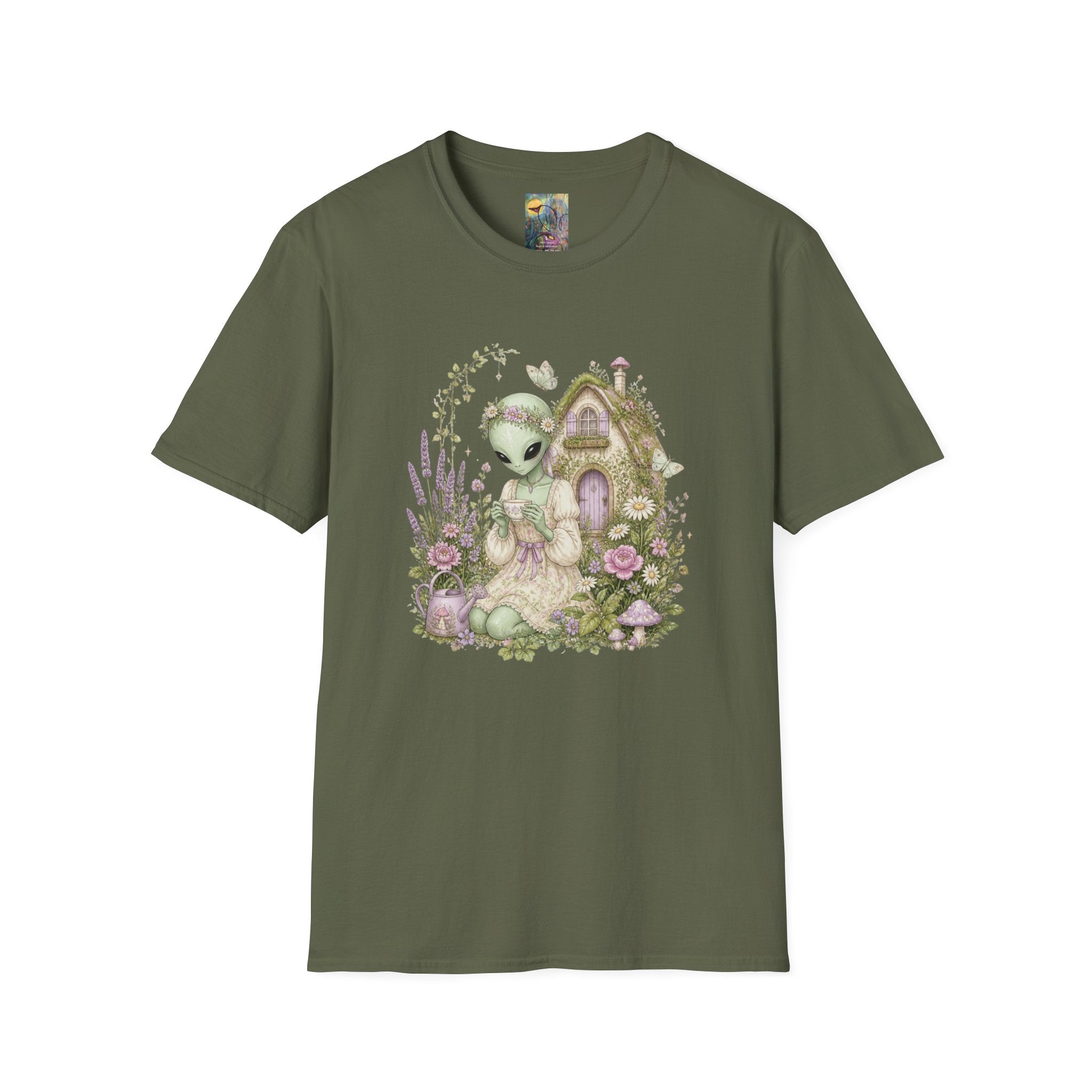 Alien Cottage Tee — Whimsical Floral Alien Garden T-Shirt