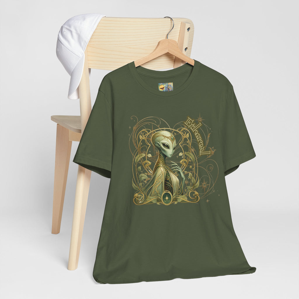 Alien Art Noveau Embrace T-Shirt — Mystical Green Alien Graphic Tee for Sci‑Fi Fans