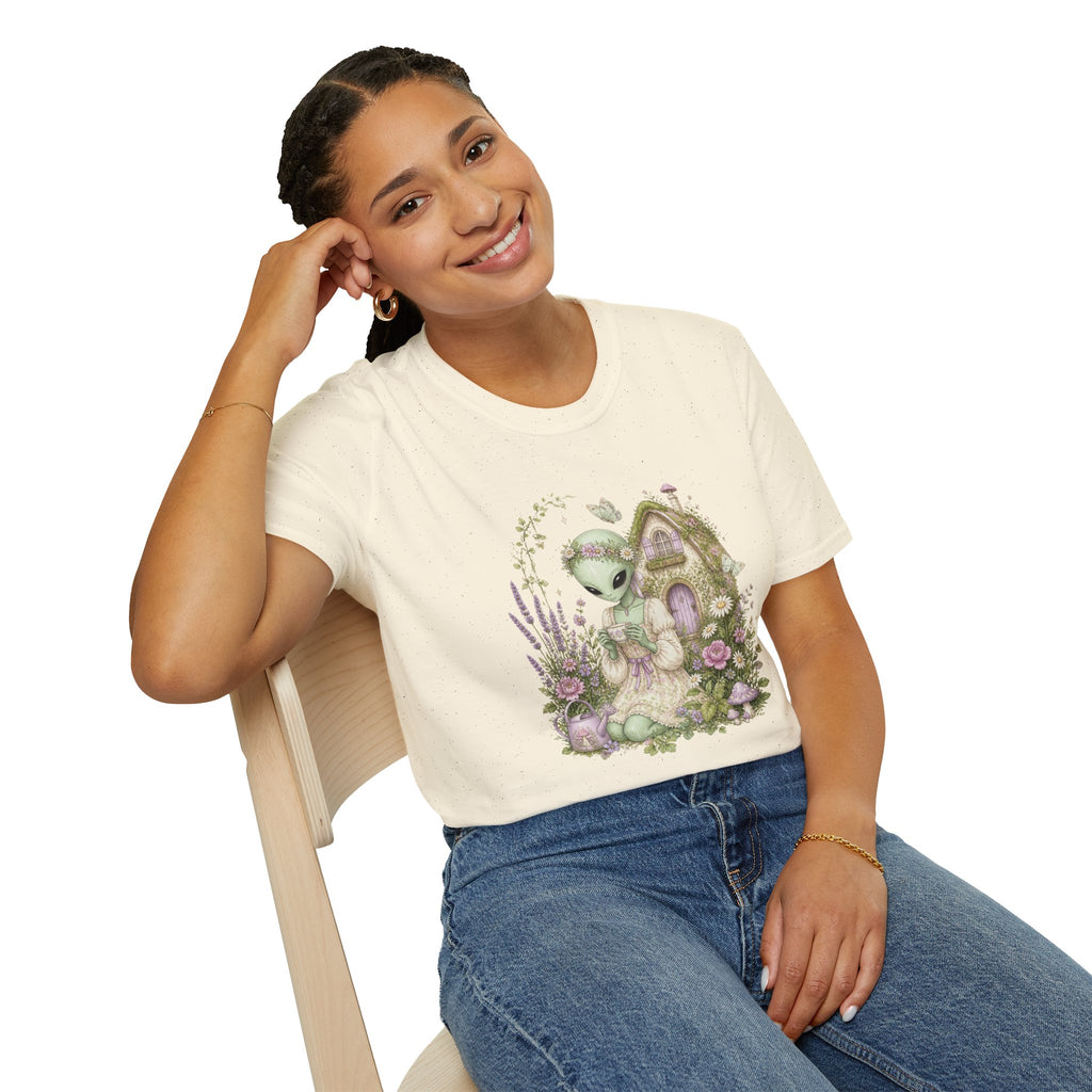 Alien Cottage Tee — Whimsical Floral Alien Garden T-Shirt