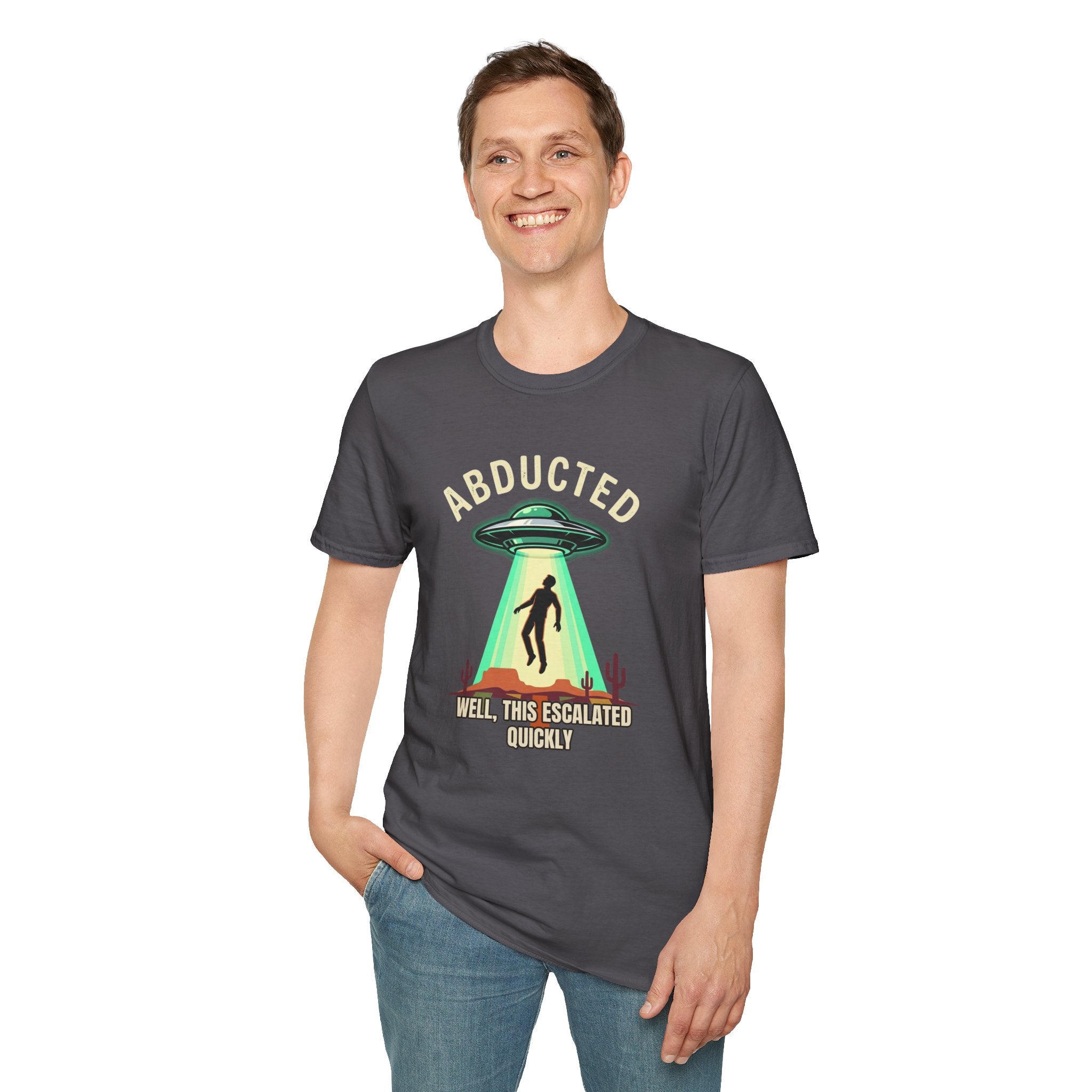 "Well That Escalated Quickly" Abducted UFO Tee — Retro Alien Abduction Graphic T-Shirt