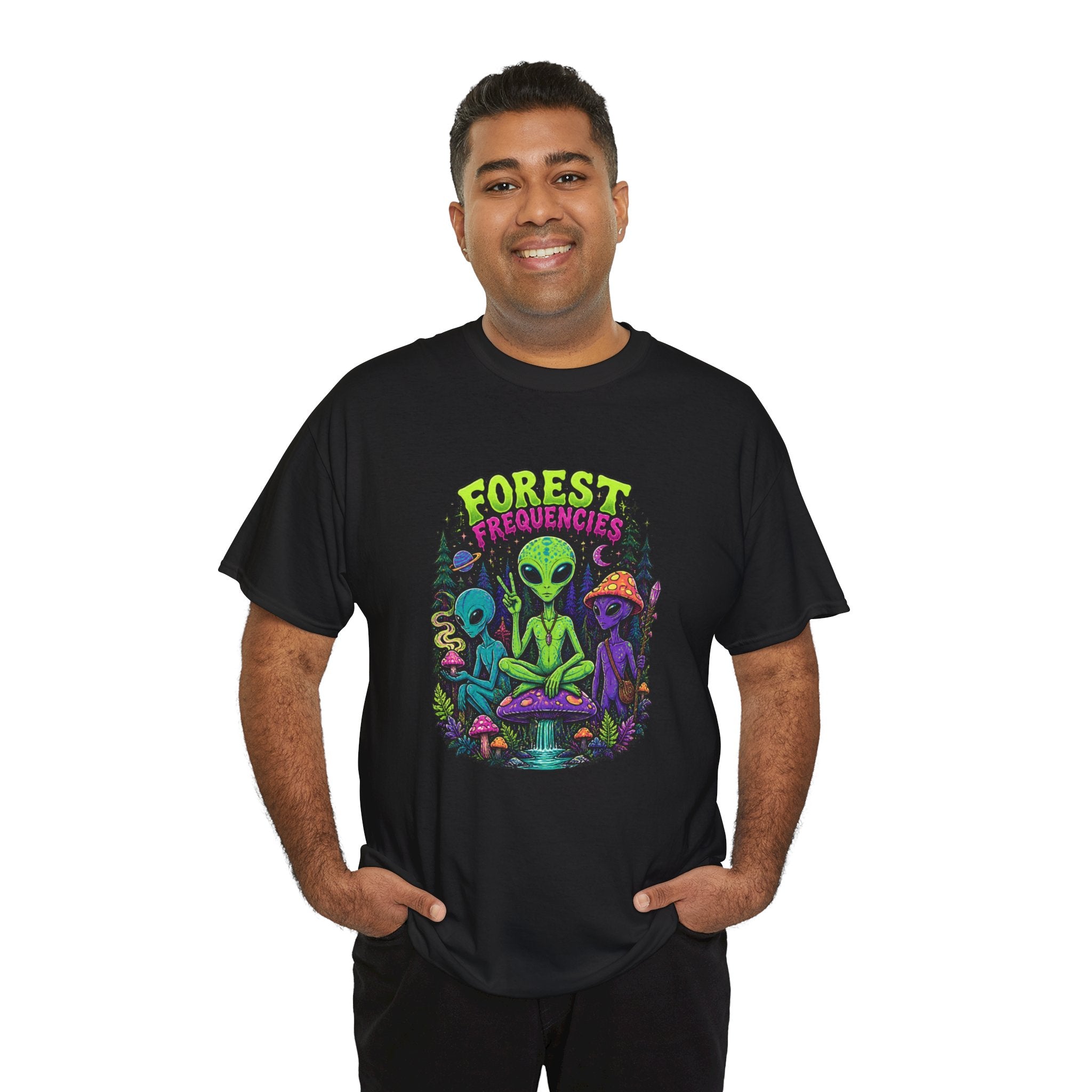 Forest Frequencies Alien T-Shirt — Psychedelic Mushroom Meditation Tee