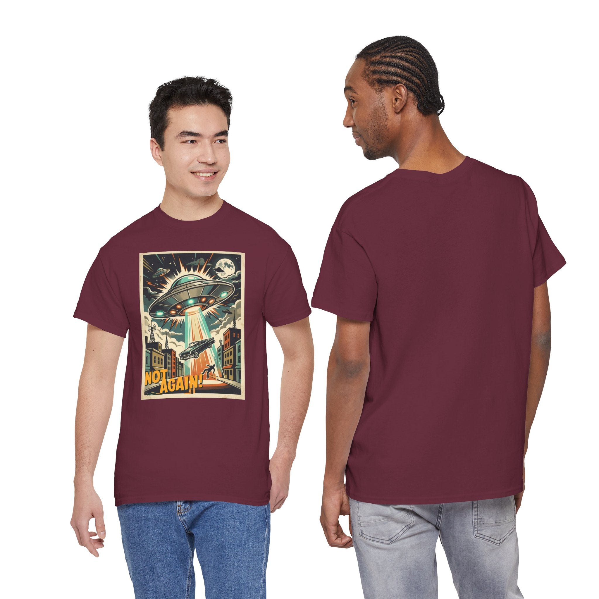 Pop Sci-fi Alien Invasion T-Shirt — Vintage UFO 'Not Again!' Graphic Tee