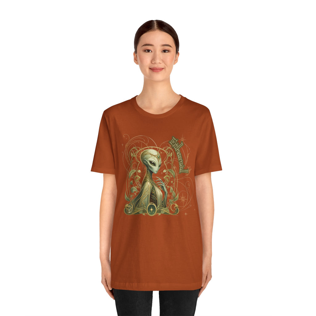 Alien Art Noveau Embrace T-Shirt — Mystical Green Alien Graphic Tee for Sci‑Fi Fans