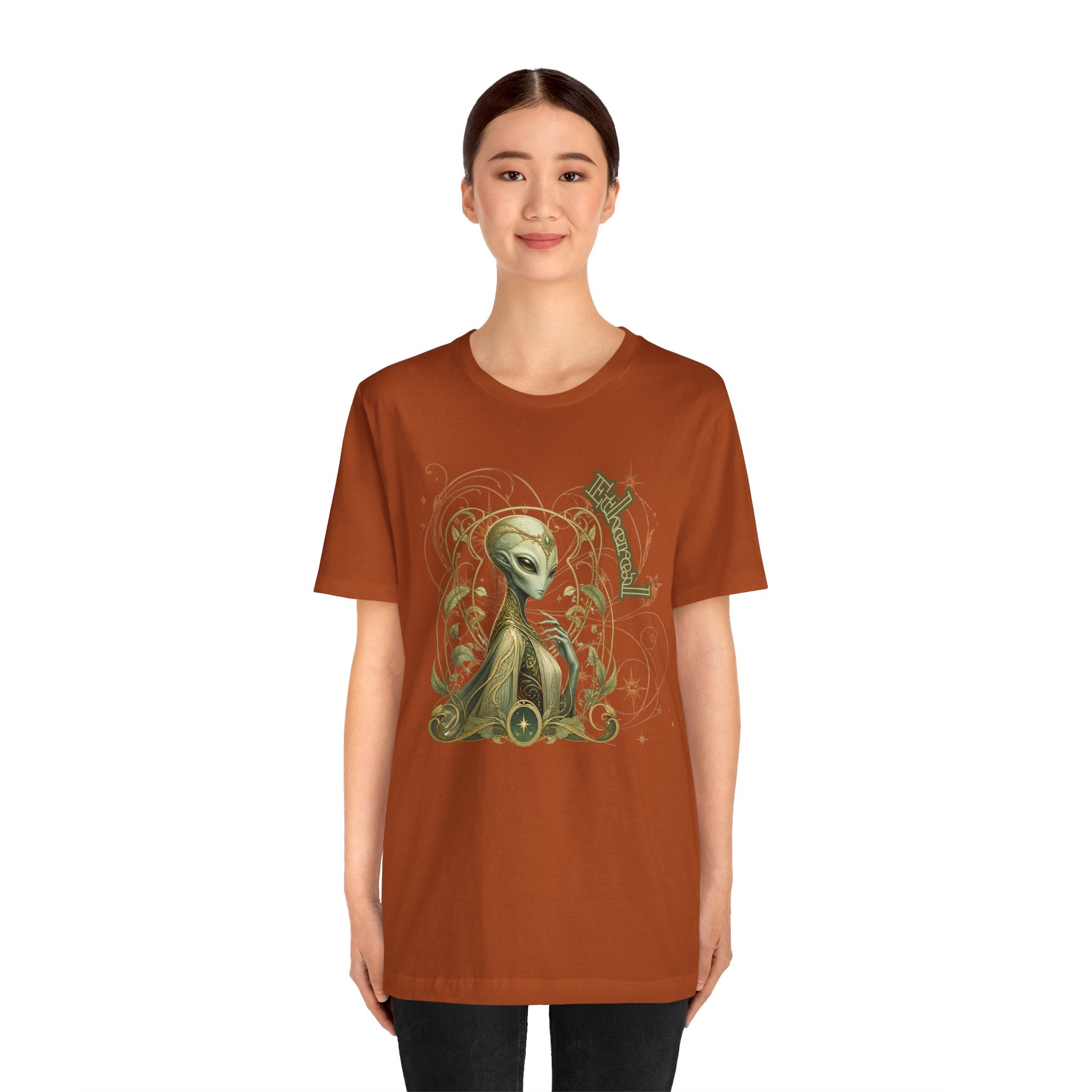 Alien Art Noveau Embrace T-Shirt — Mystical Green Alien Graphic Tee for Sci‑Fi Fans