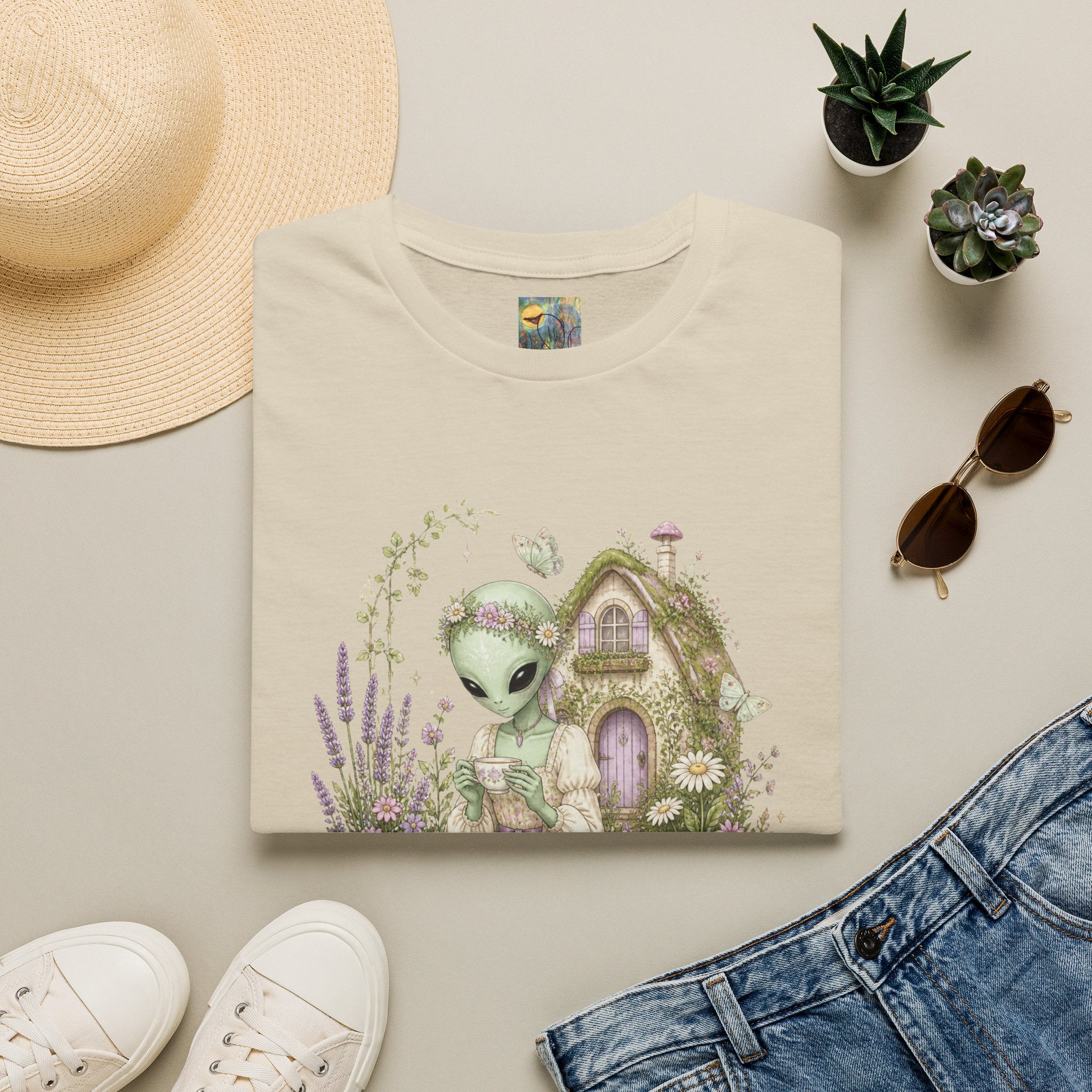 Alien Cottage Tee — Whimsical Floral Alien Garden T-Shirt