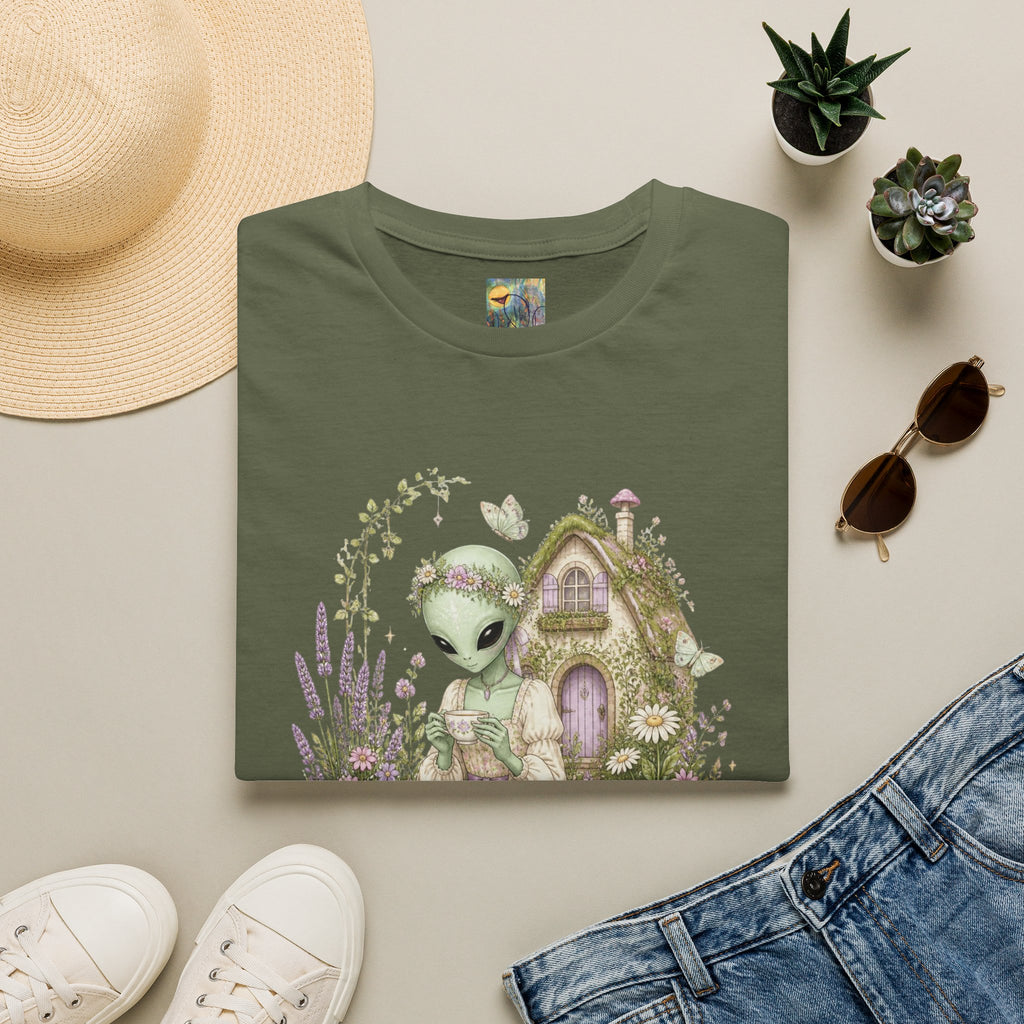 Alien Cottage Tee — Whimsical Floral Alien Garden T-Shirt