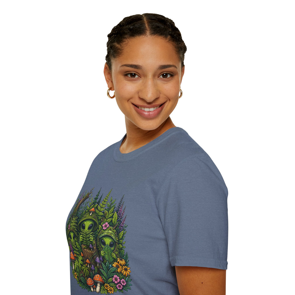 Alien Forest T-Shirt — Cute Green UFO Creatures with Mushrooms & Flowers