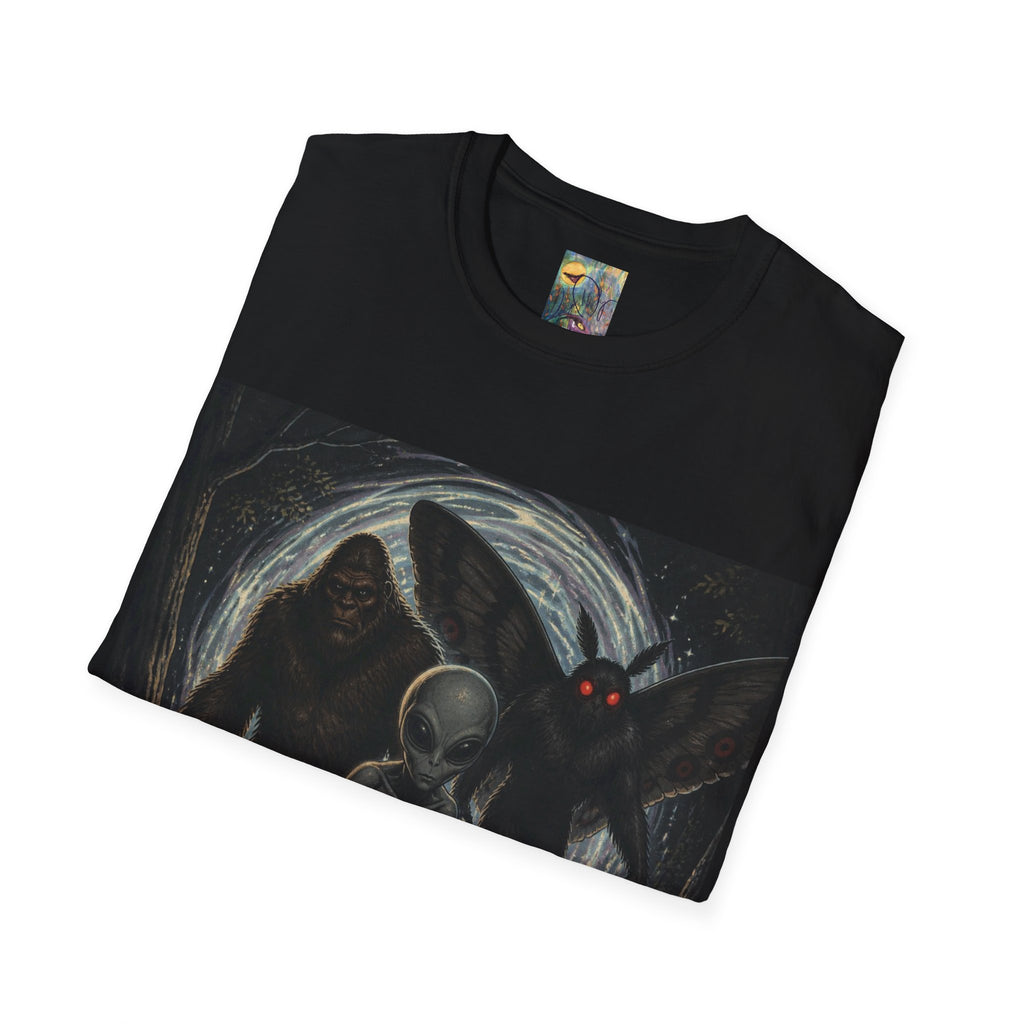 Creepy Cryptid Art T-Shirt :"S#*$ wer'e back here again" — Mothman & Alien Vintage Horror Design