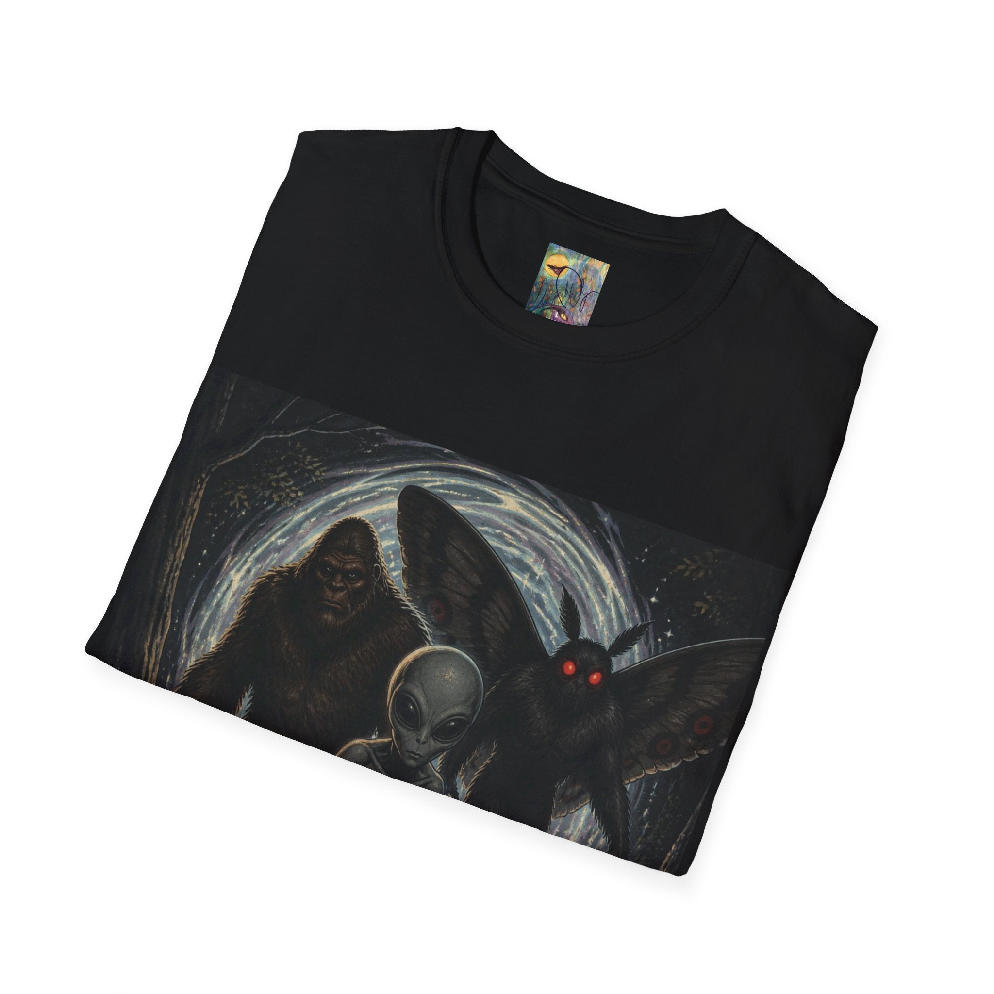 Creepy Cryptid Art T-Shirt :"S#*$ wer'e back here again" — Mothman & Alien Vintage Horror Design