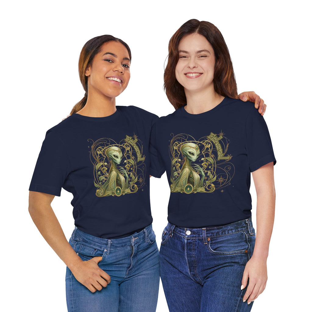 Alien Art Noveau Embrace T-Shirt — Mystical Green Alien Graphic Tee for Sci‑Fi Fans