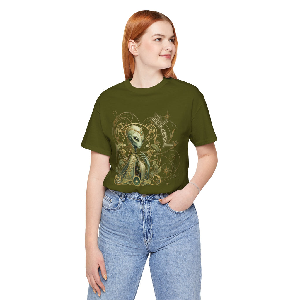 Alien Art Noveau Embrace T-Shirt — Mystical Green Alien Graphic Tee for Sci‑Fi Fans