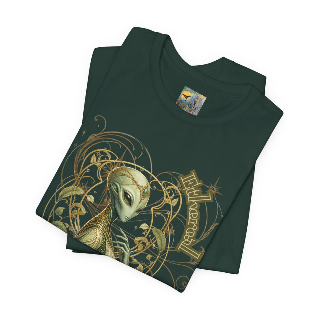 Alien Art Noveau Embrace T-Shirt — Mystical Green Alien Graphic Tee for Sci‑Fi Fans