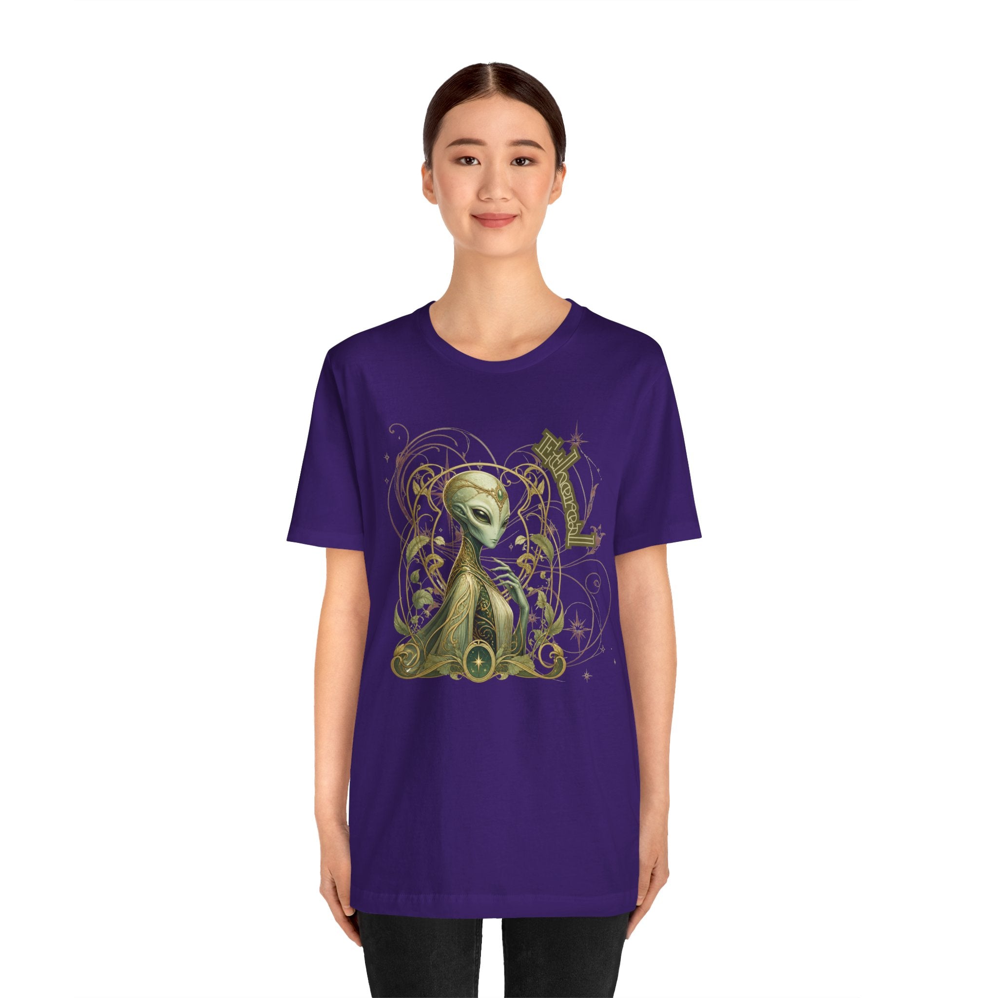 Alien Art Noveau Embrace T-Shirt — Mystical Green Alien Graphic Tee for Sci‑Fi Fans