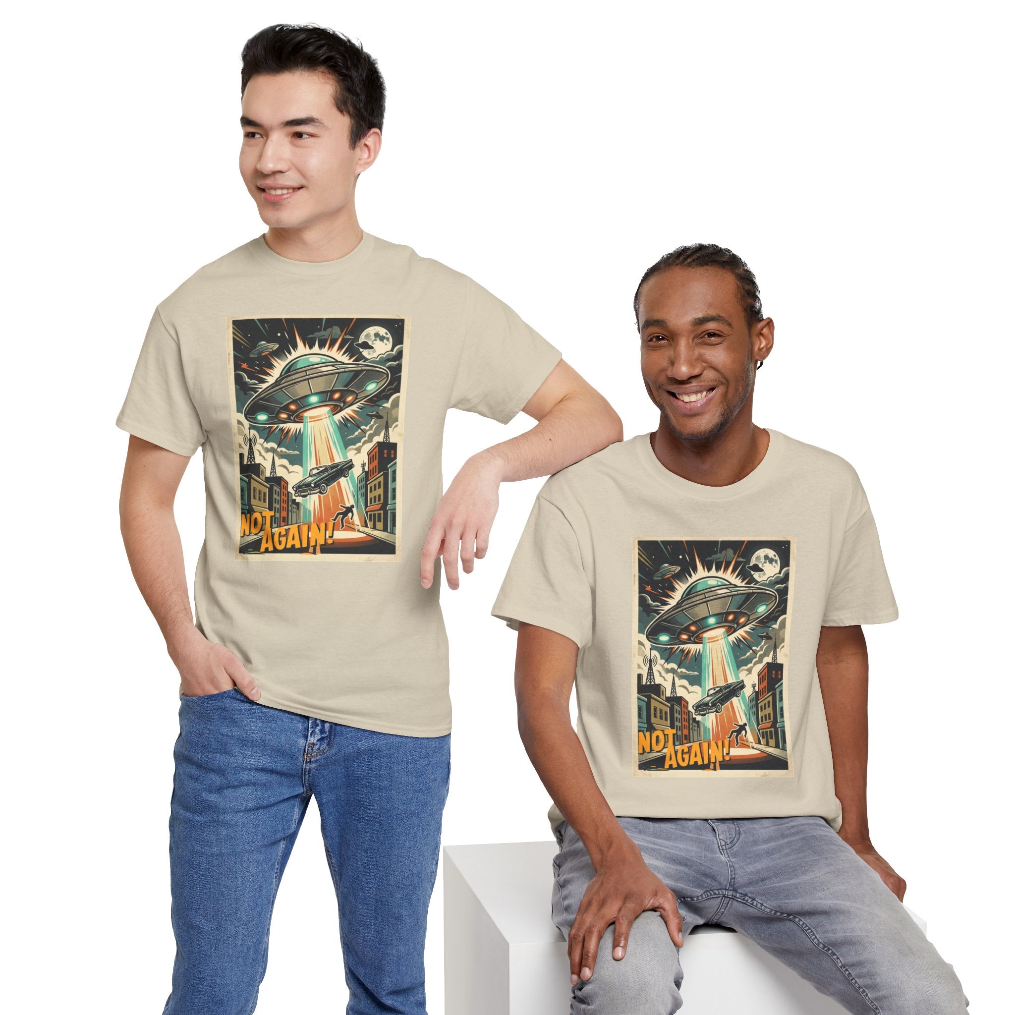 Pop Sci-fi Alien Invasion T-Shirt — Vintage UFO 'Not Again!' Graphic Tee