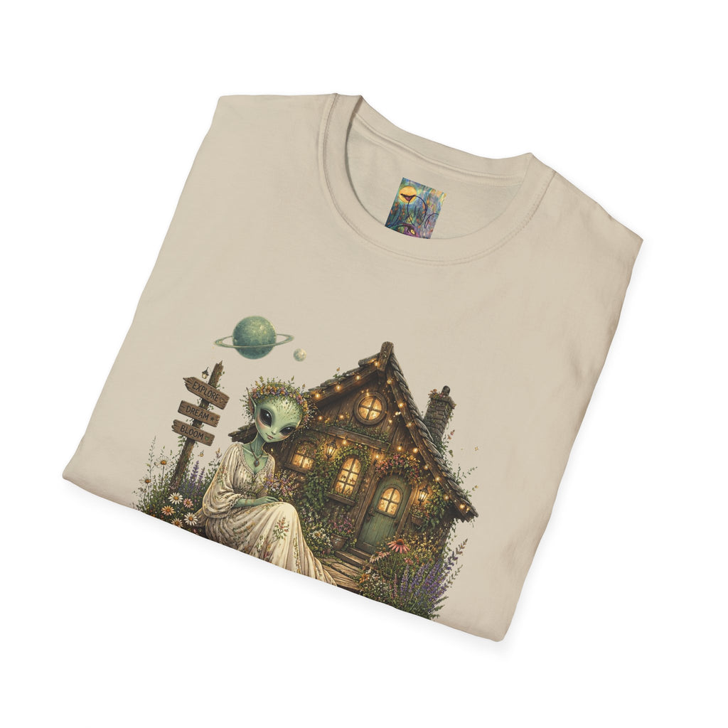 Alien Cottage T-Shirt — Whimsical Extraterrestrial Home Graphic
