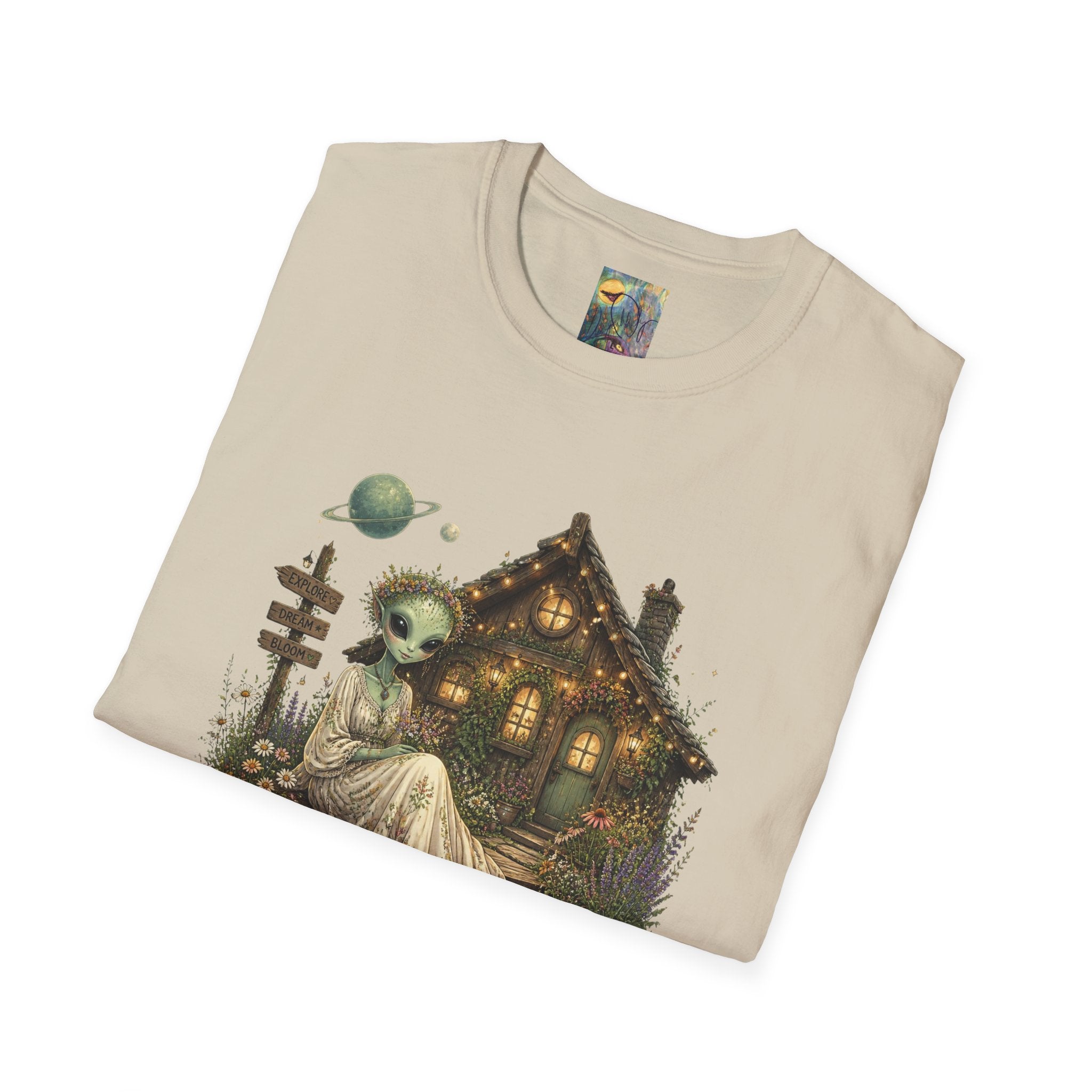 Alien Cottage T-Shirt — Whimsical Extraterrestrial Home Graphic