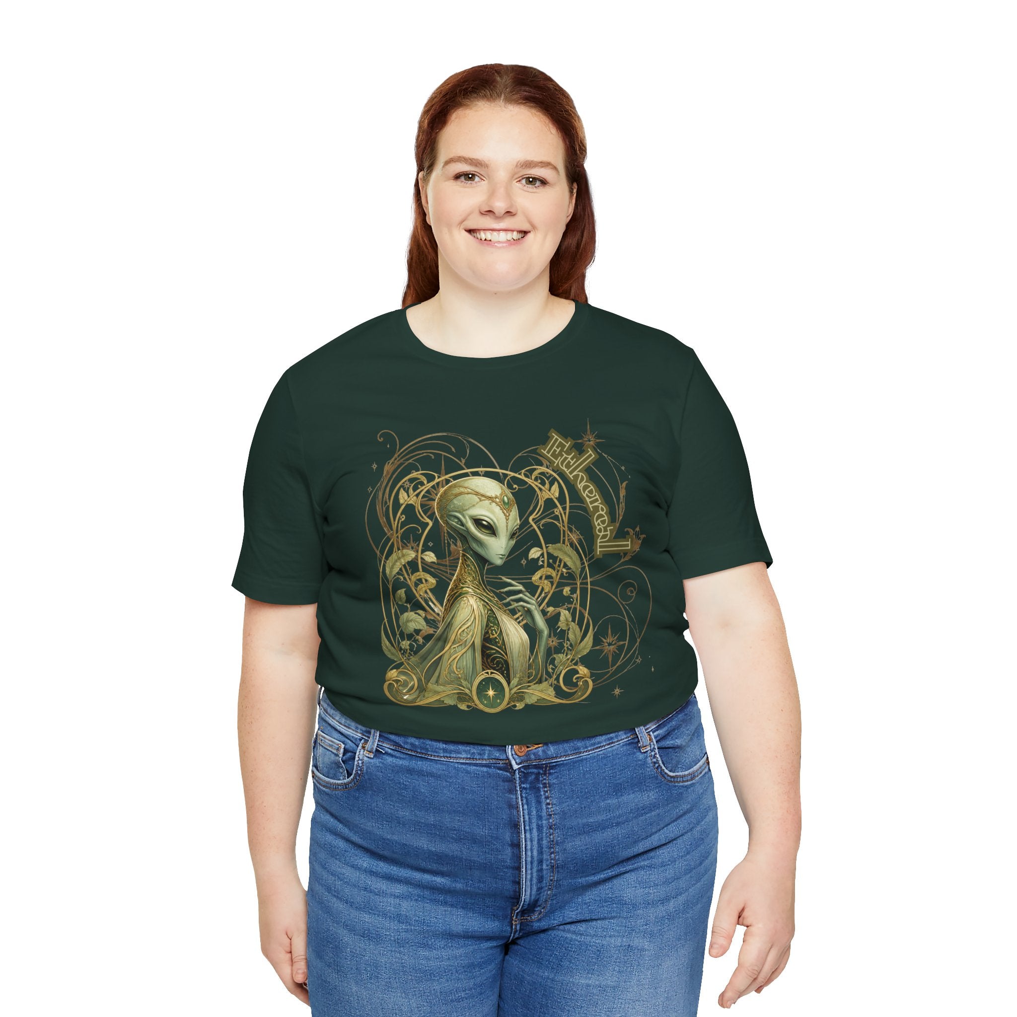 Alien Art Noveau Embrace T-Shirt — Mystical Green Alien Graphic Tee for Sci‑Fi Fans