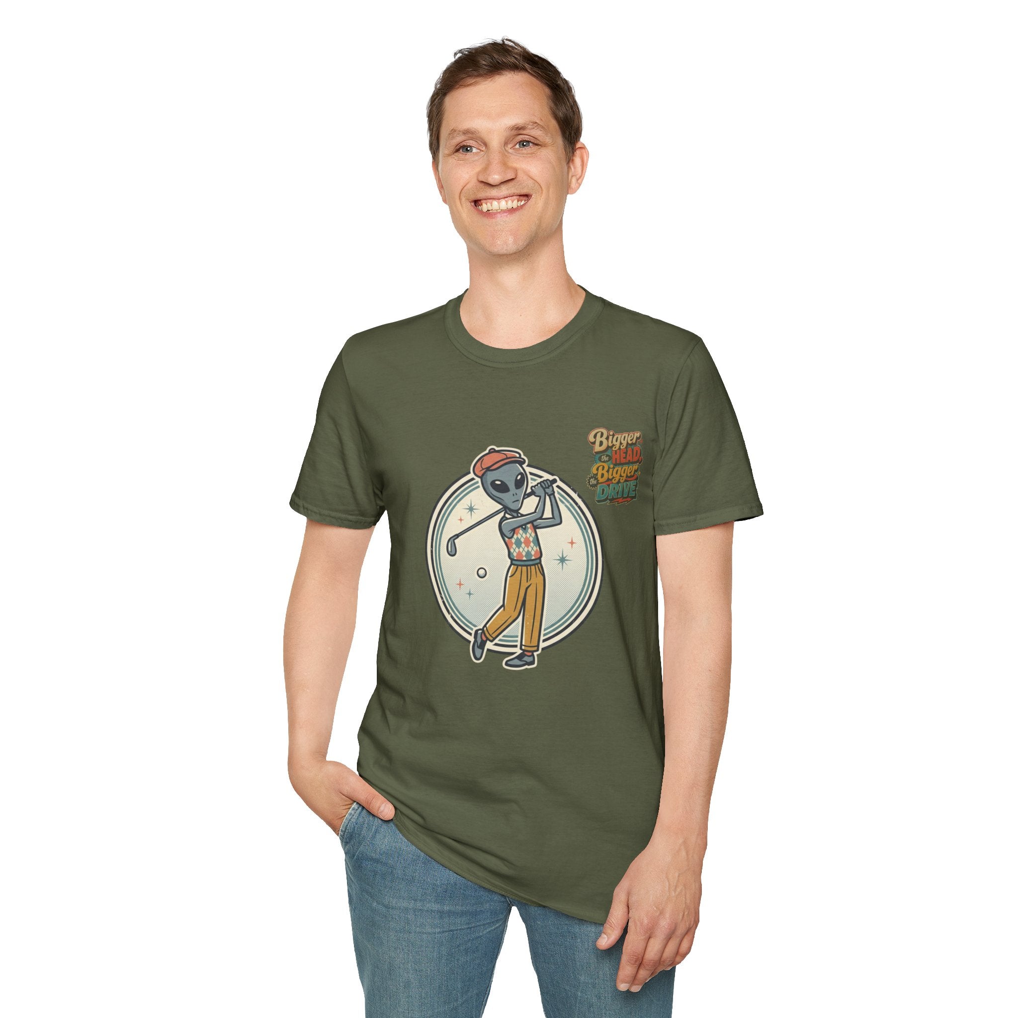 Alien Golfer T‑Shirt : The Bigger the Head, The Bigger the Drive"— Vintage Space Golf Graphic Tee