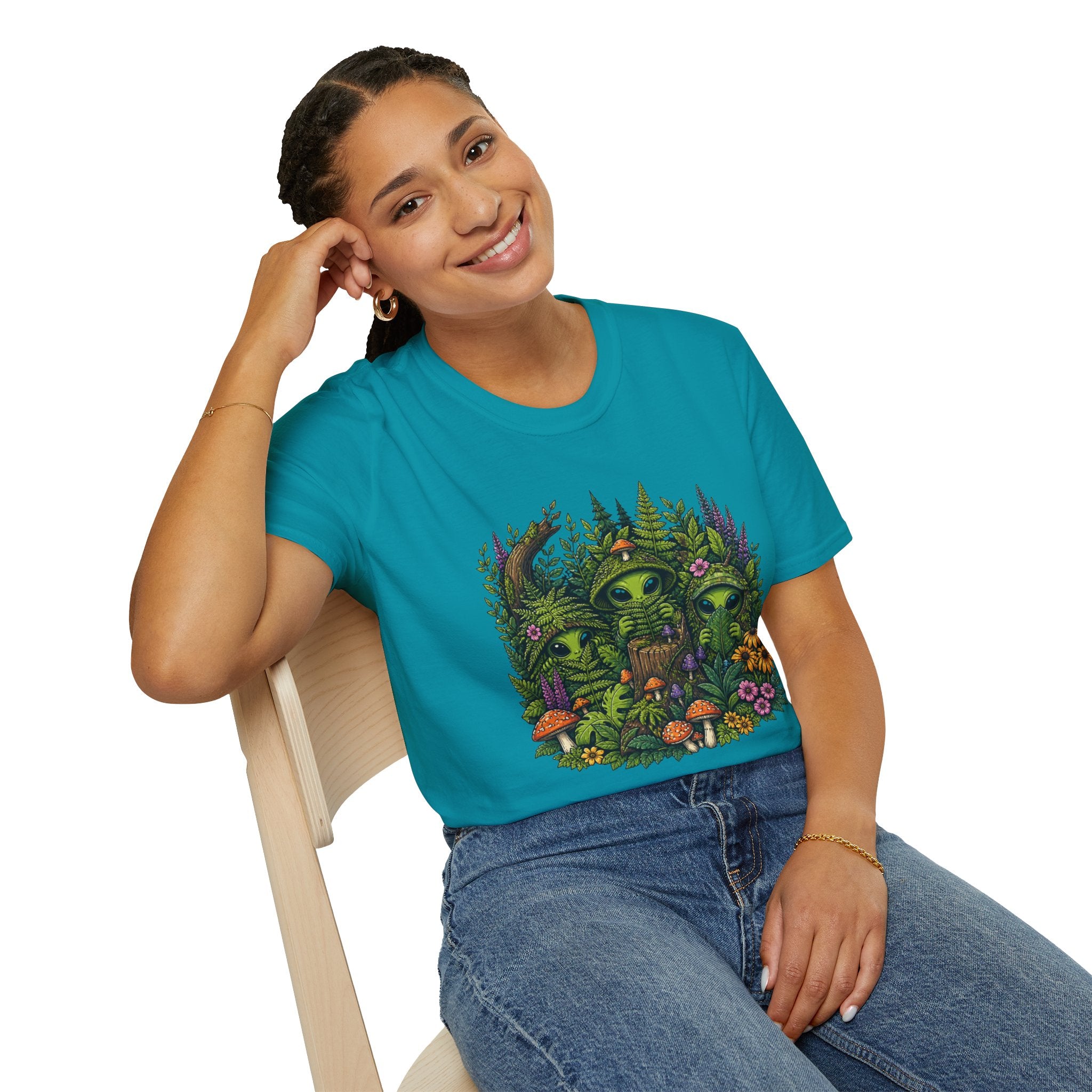 Alien Forest T-Shirt — Cute Green UFO Creatures with Mushrooms & Flowers