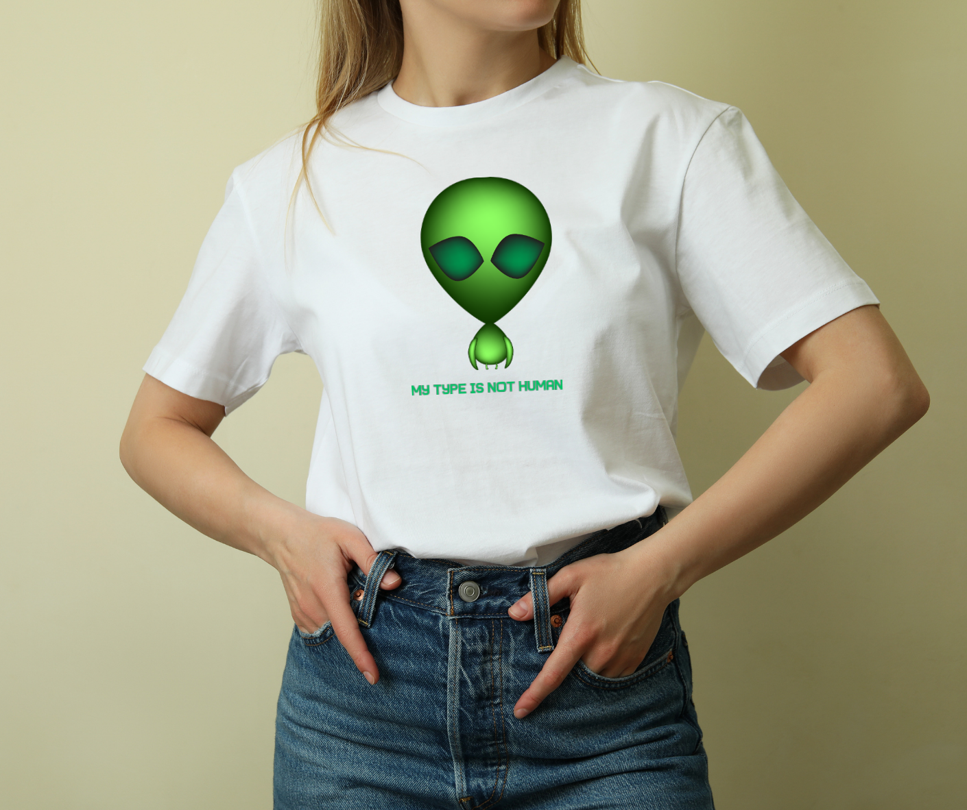 Green Alien T-Shirt — "My Type Is Not Human" Graphic Tee