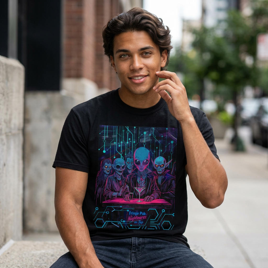 Fringe Bar: Nightmares on Tap T-Shirt — Retro Cyberpunk Horror Aliens Graphic Tee
