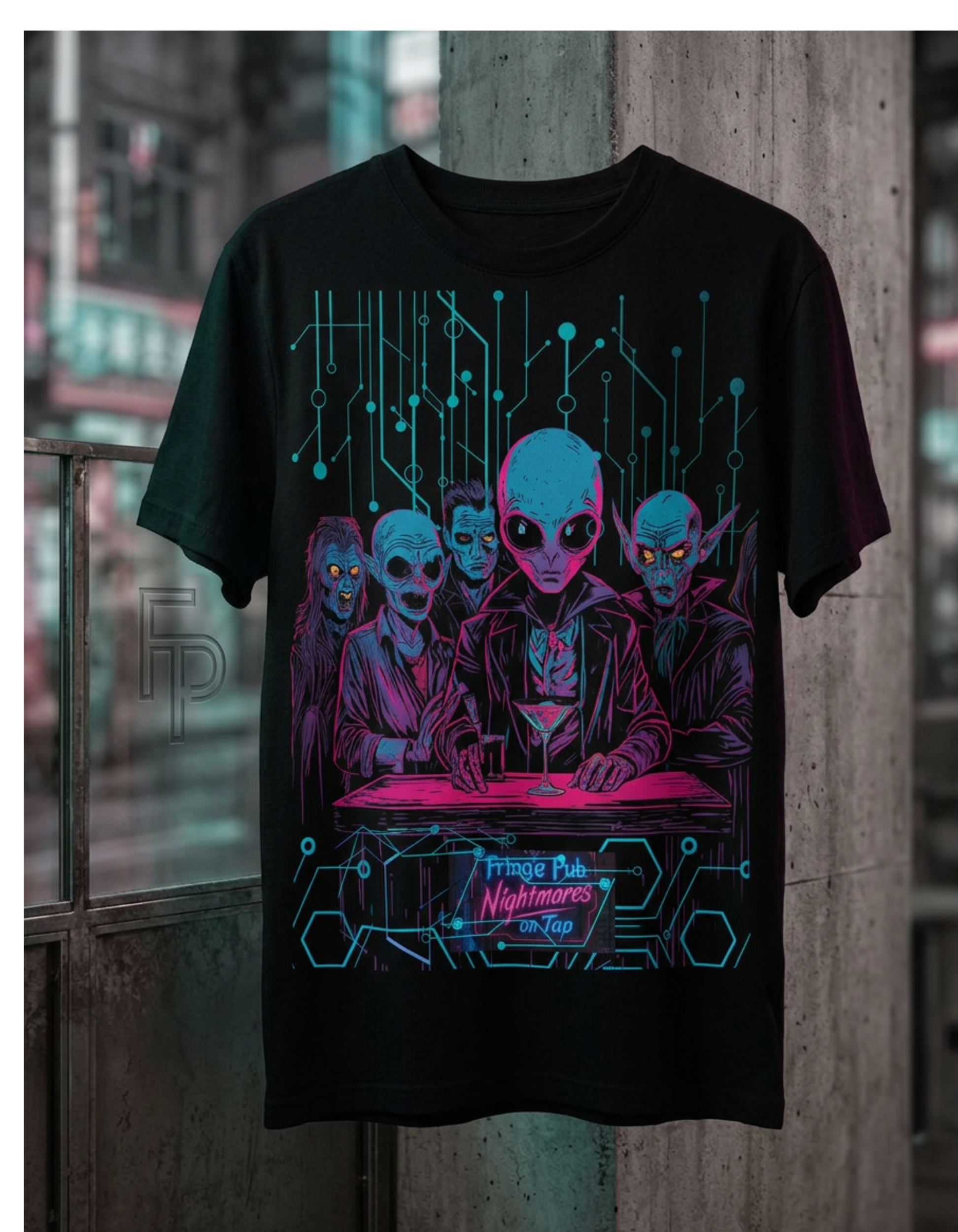 Fringe Bar: Nightmares on Tap T-Shirt — Retro Cyberpunk Horror Aliens Graphic Tee