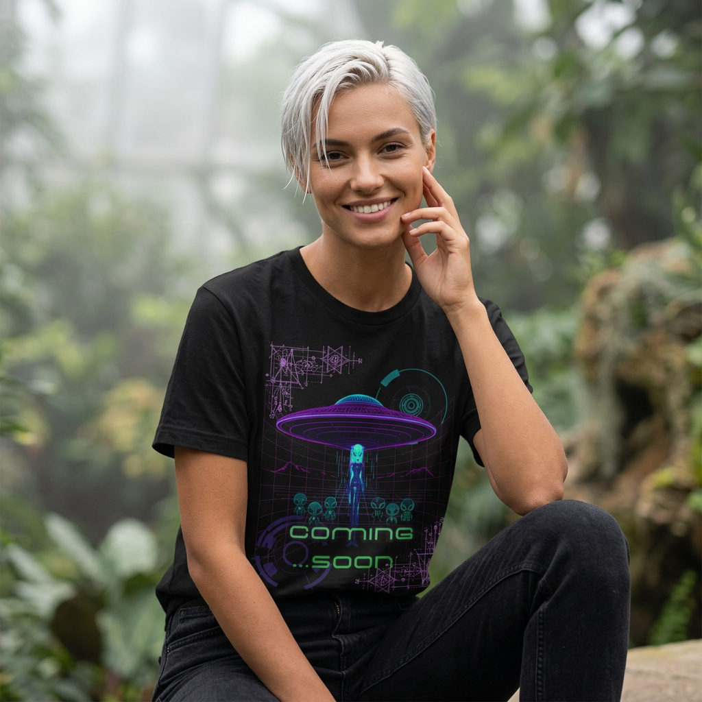 Coming Soon Alien UFO T-Shirt — Retro Neon Alien Abduction Tee