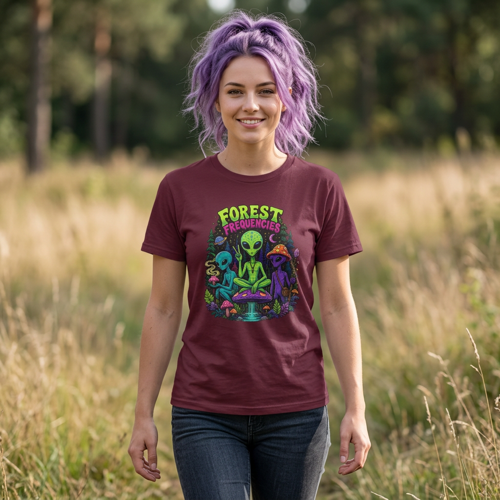 Forest Frequencies Alien T-Shirt — Psychedelic Mushroom Meditation Tee